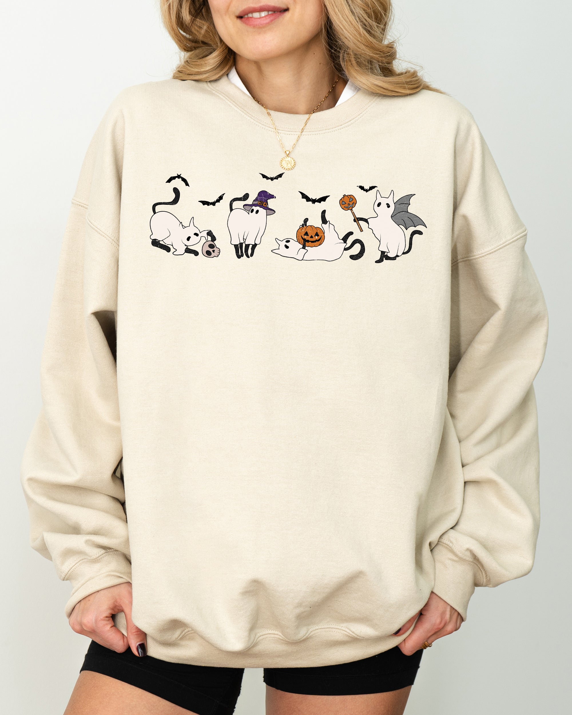Mini Ghost Cats Farm Witch Skull Halloween Spooky Seasonal Favorite For Halloween Lovers Graphic Sweatshirt
