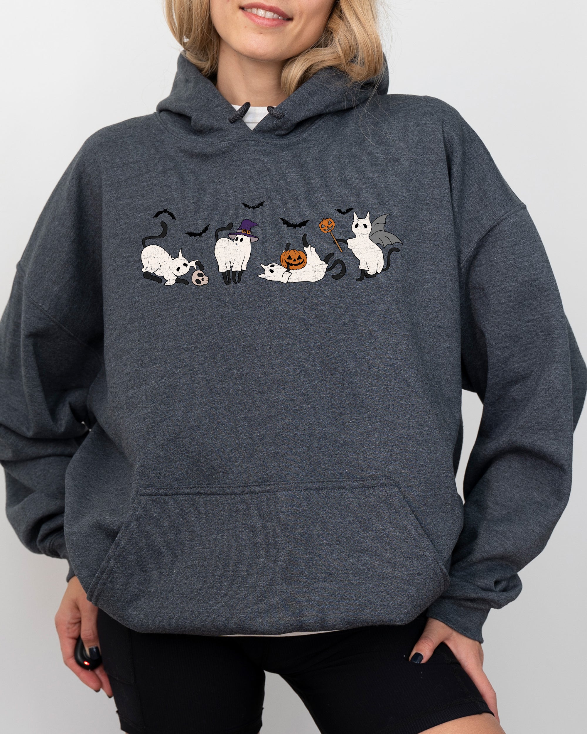Mini Ghost Cats Across Farm Witch Skull Spooky Halloween Costume Design For Cozy Nighttime Display Hoodie