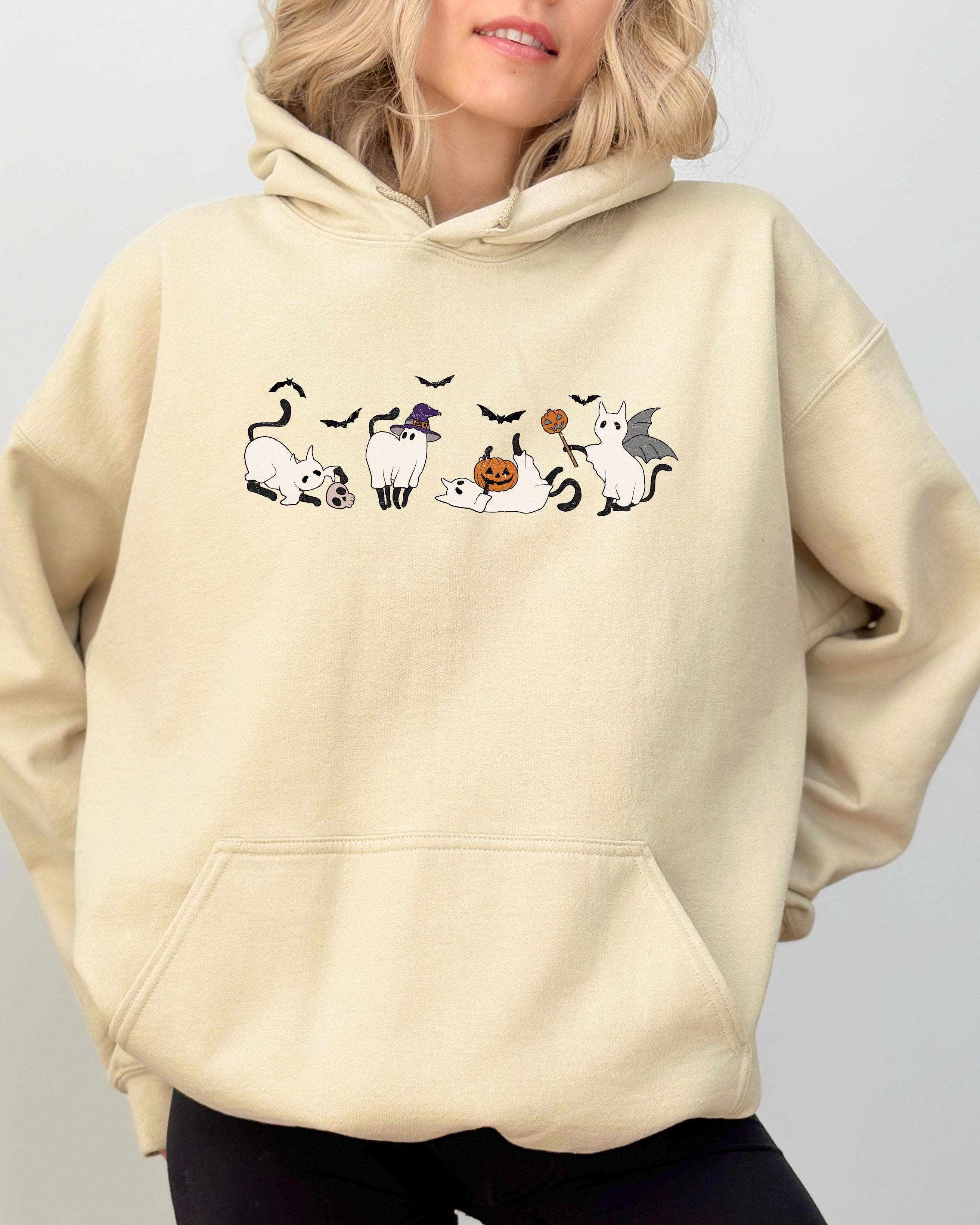 Mini Ghost Cats Across Farm Witch Skull Spooky Halloween Costume Design For Cozy Nighttime Display Hoodie