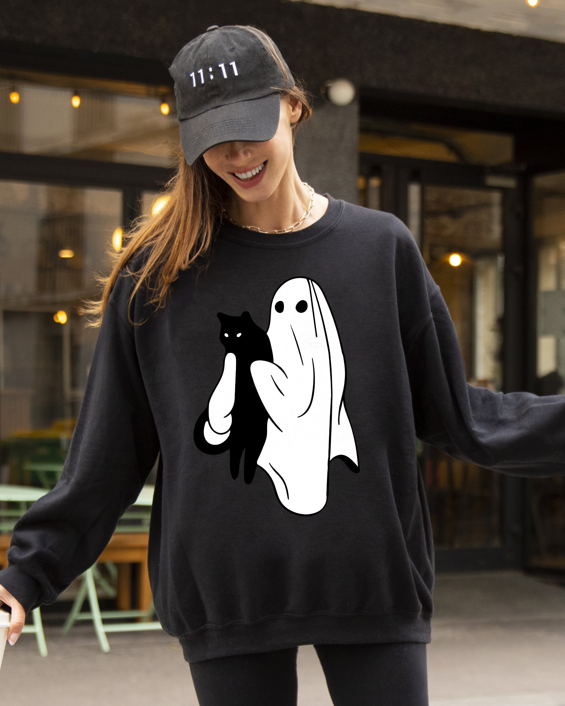 Ghost And Cat Skeleton Witch Skull Spooky Halloween Costume Graphic Design Sweatshirt