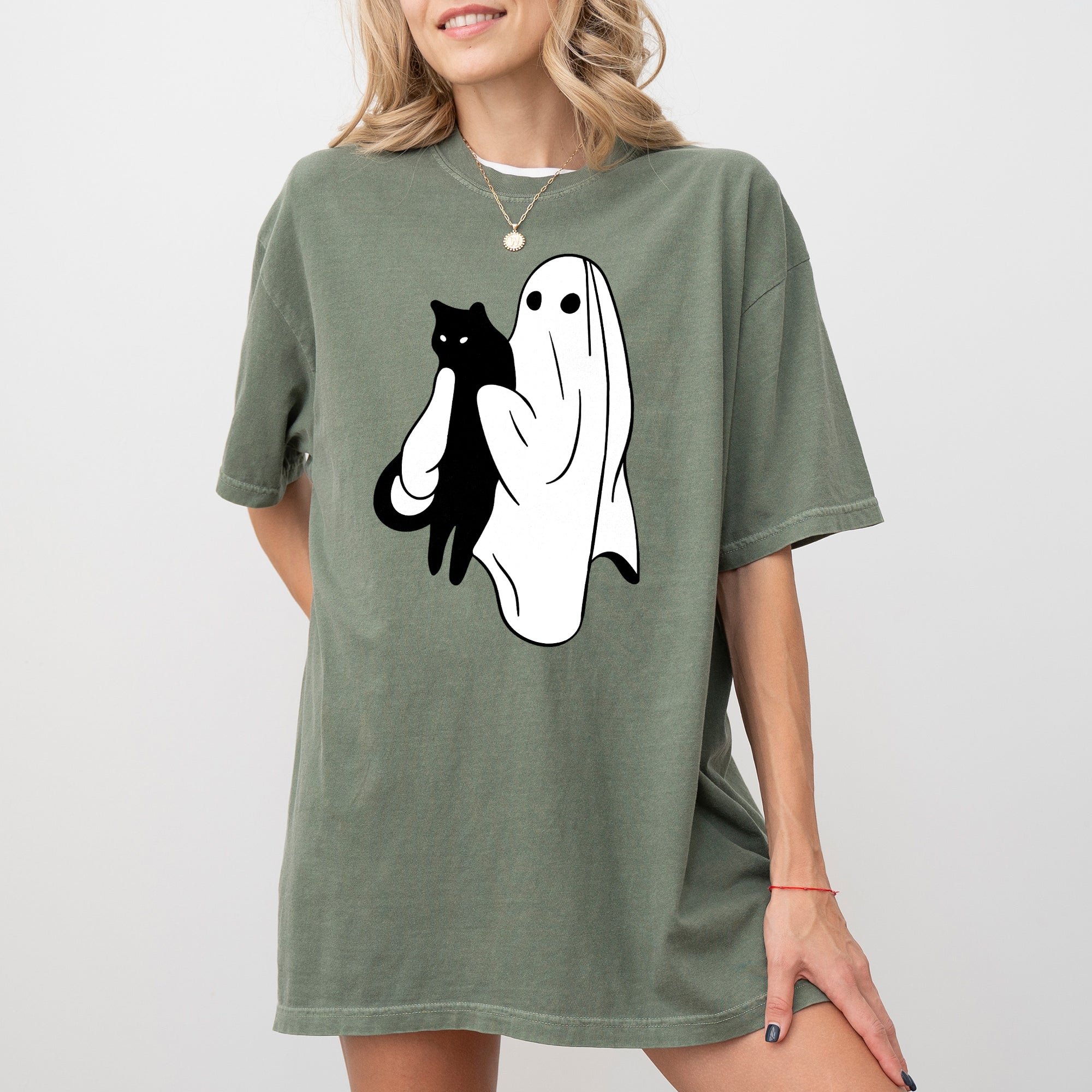 Ghost Cat Skeleton Witch Skull Halloween Costume Design Graphic Comfort Colors Tee