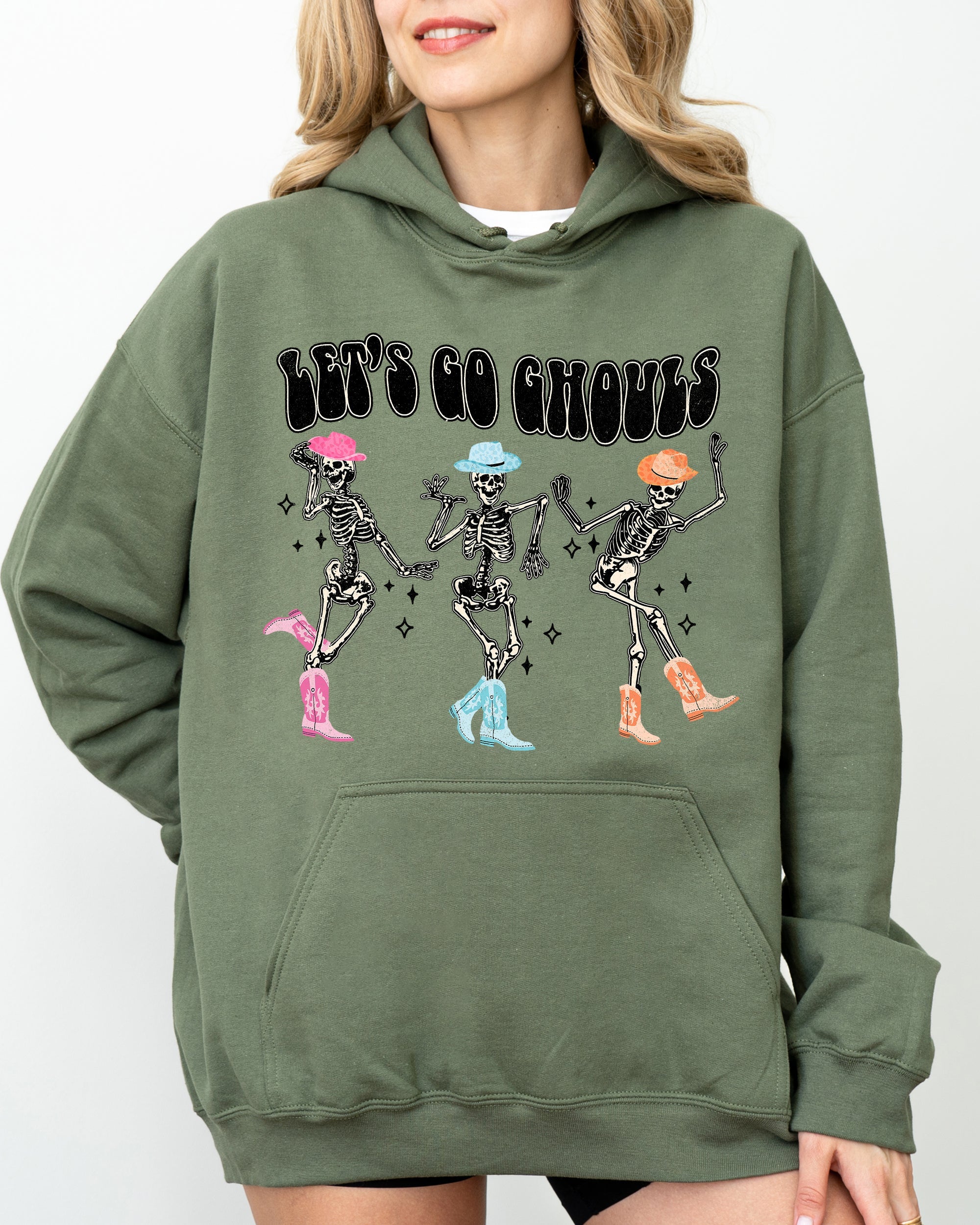 Let's Go Ghouls Ghost Western Skeleton Witch Skull Meme Spooky Aesthetic Halloween Costume Hooded Sweatshirt