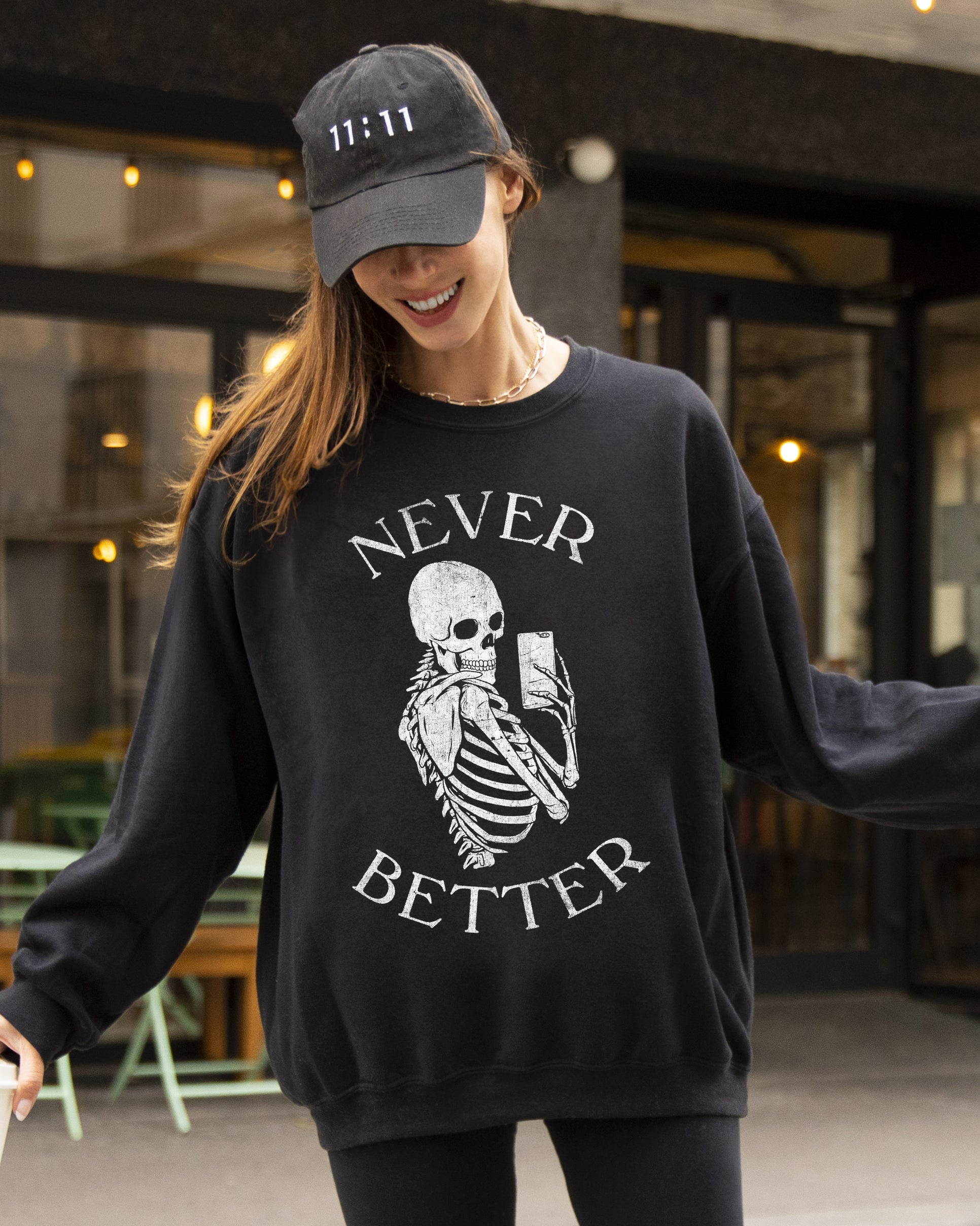 Never Better Selfie Skeleton Ghost Witch Skull Meme Halloween Costume Sweatshirt