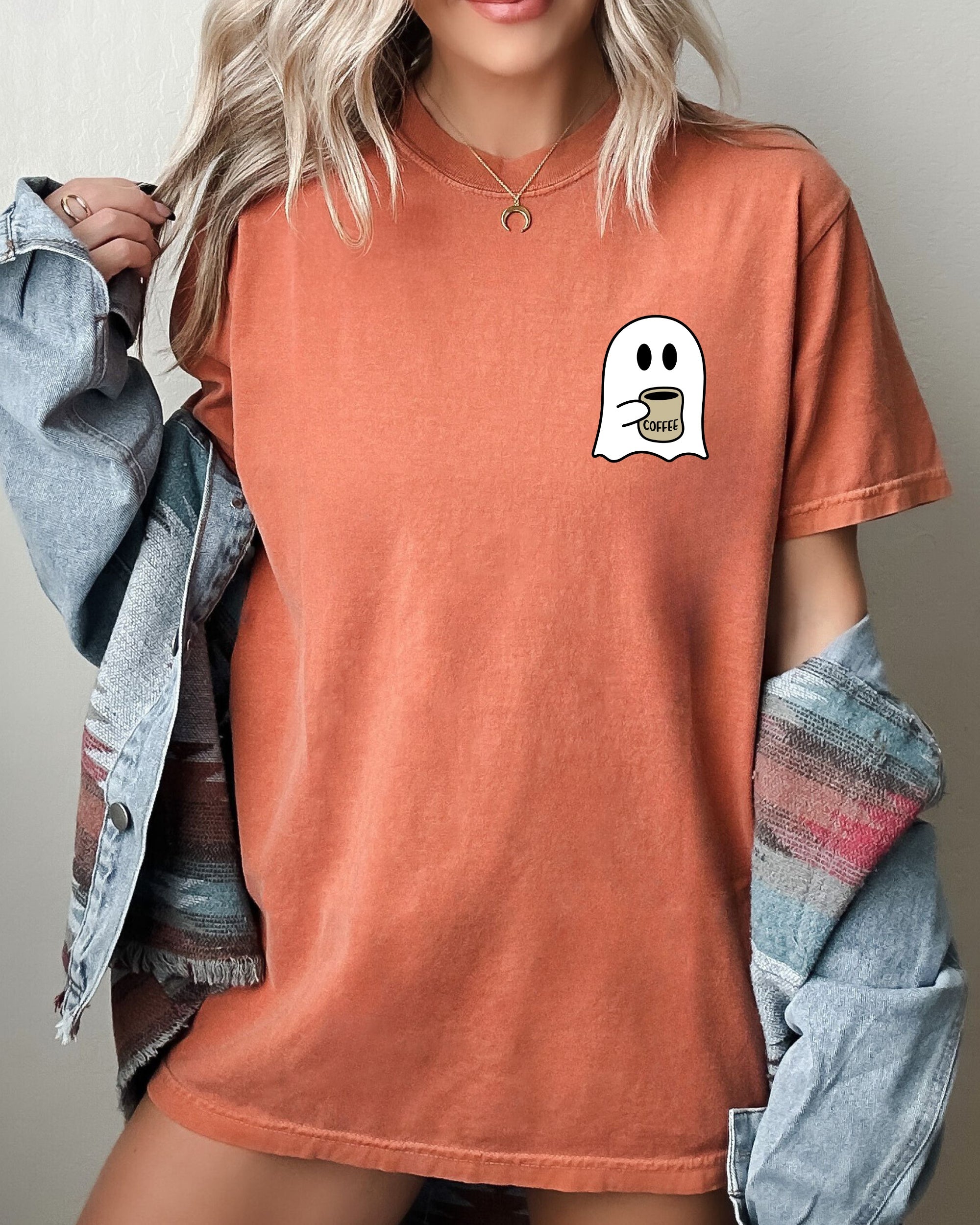 Ghost Coffee Lover Pocket Skeleton Witch Skull Meme Halloween Spooky Comfort Colors Tee