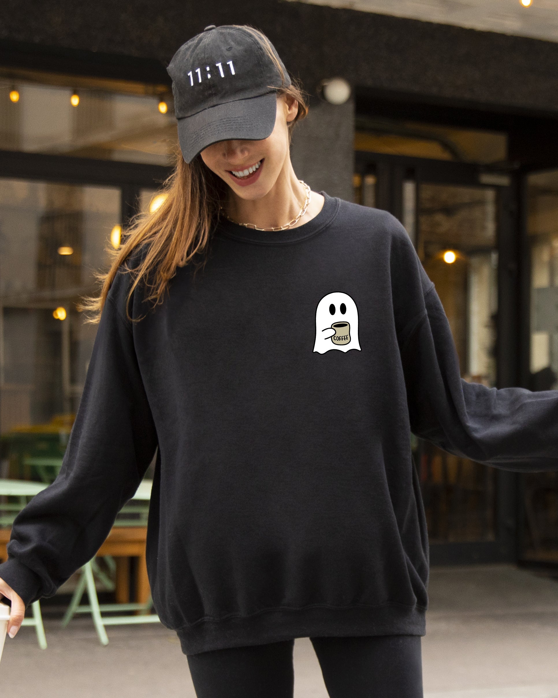 Ghost Coffee Lover Pocket Skeleton Witch Skull Meme Aesthetic Halloween Costume Sweatshirt