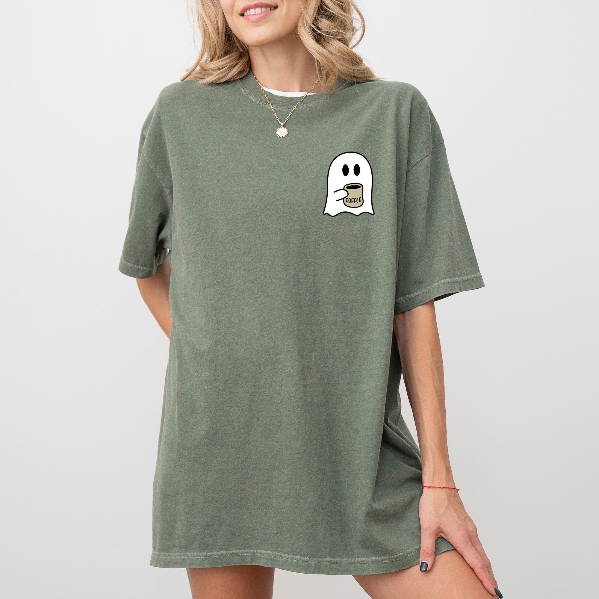 Ghost Coffee Lover Pocket Skeleton Witch Skull Meme Halloween Spooky Comfort Colors Tee