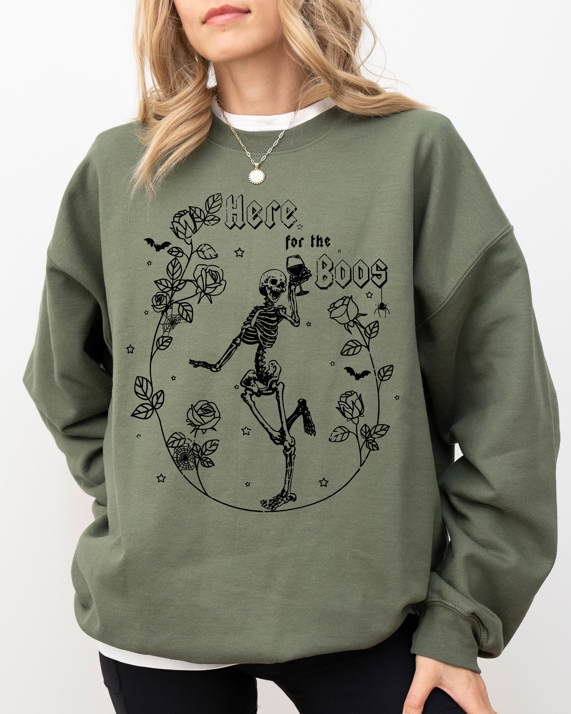 Here For The Boos Skeleton Ghost Witch Skull Spooky Aesthetic Meme Halloween Costume Sweatshirt