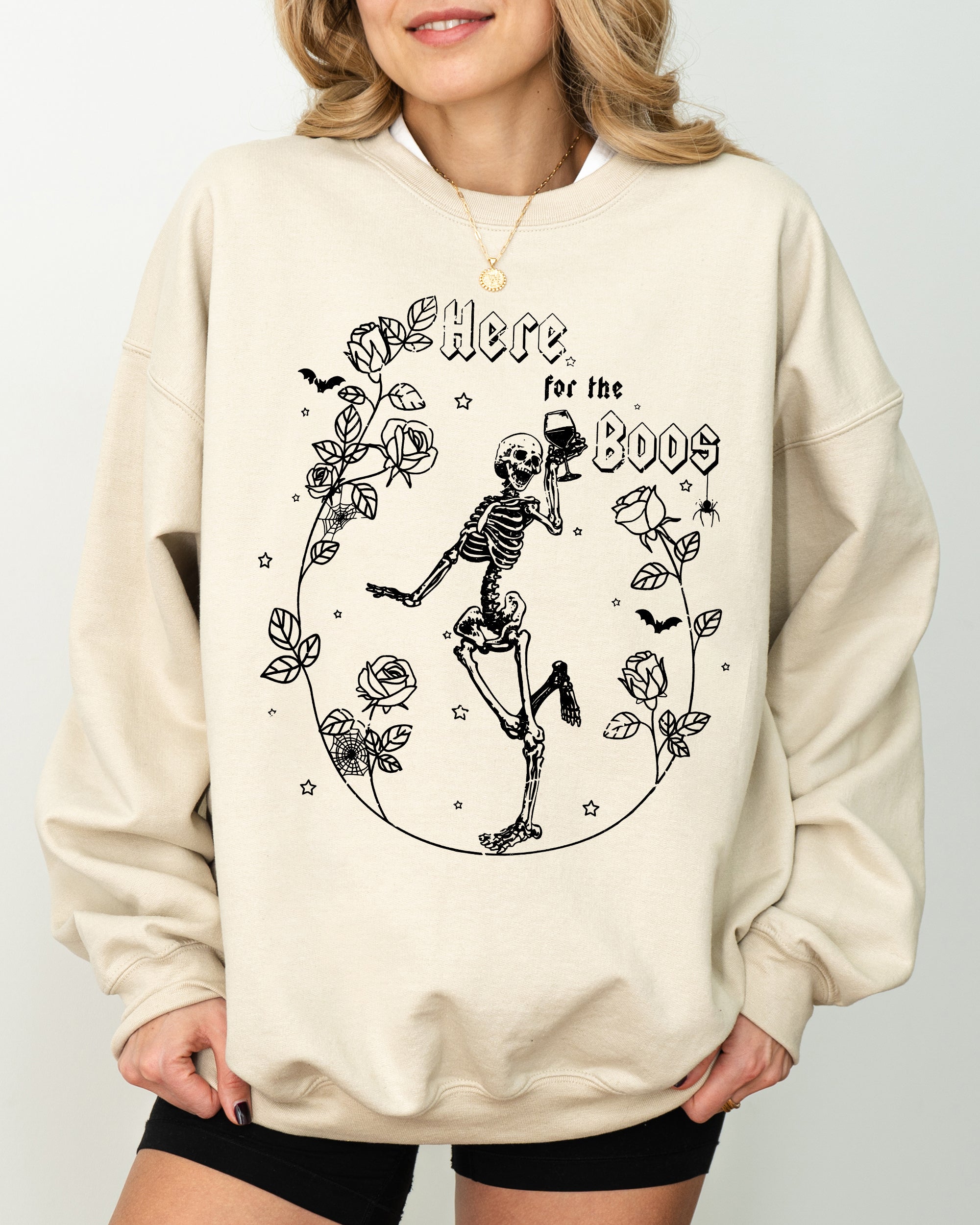 Here For The Boos Skeleton Ghost Witch Skull Spooky Aesthetic Meme Halloween Costume Sweatshirt