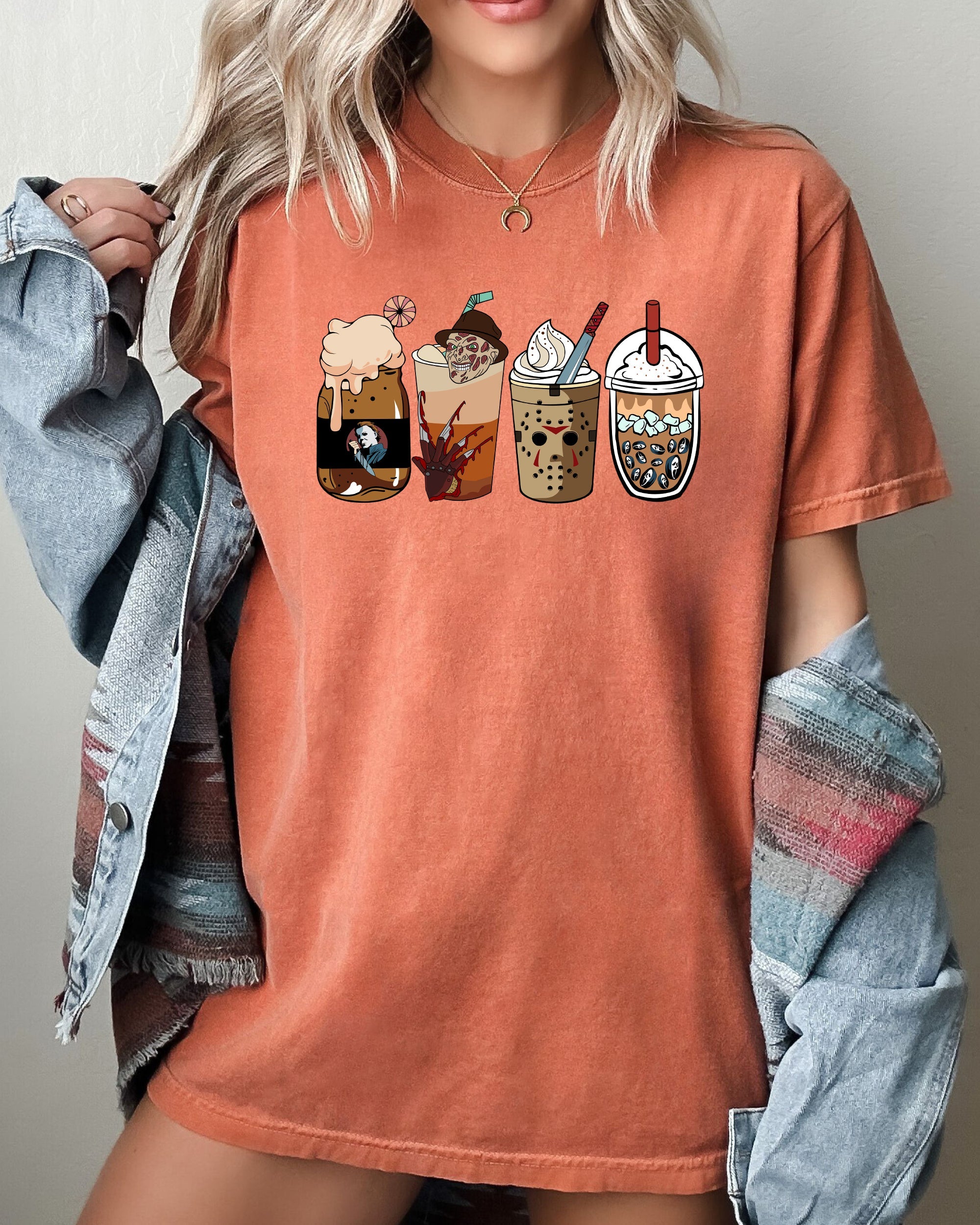 Halloween Coffee Vintage Skeleton Ghost Witch Skull Spooky Costume Comfort Colors Tee
