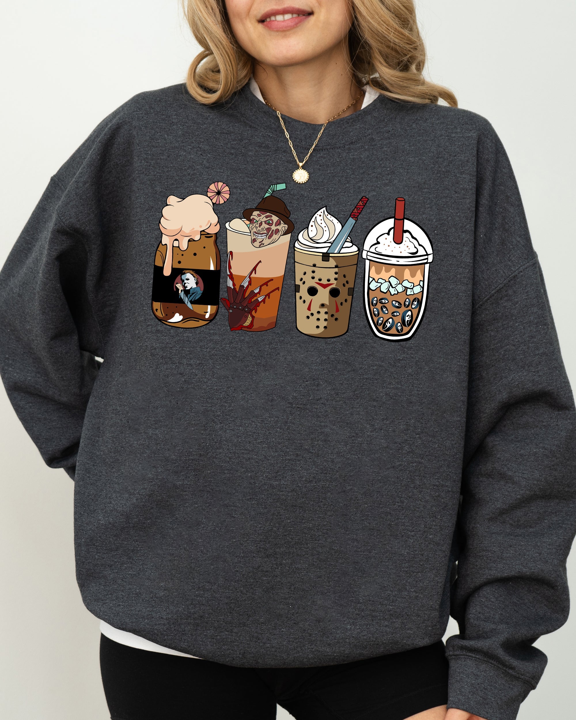 Halloween Coffee Skeleton Ghost Witch Skull Spooky Meme Vintage Costume Sweatshirt