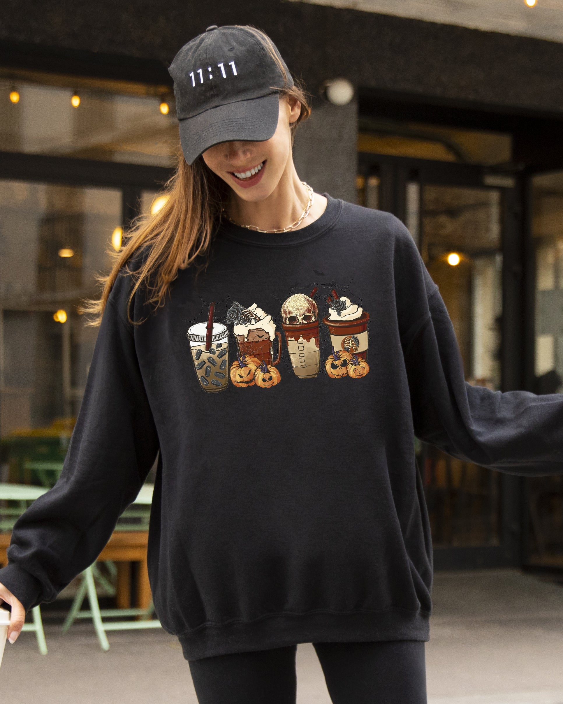 Halloween Coffee Retro Skeleton Ghost Witch Skull Spooky Meme Graphic Print Sweatshirt