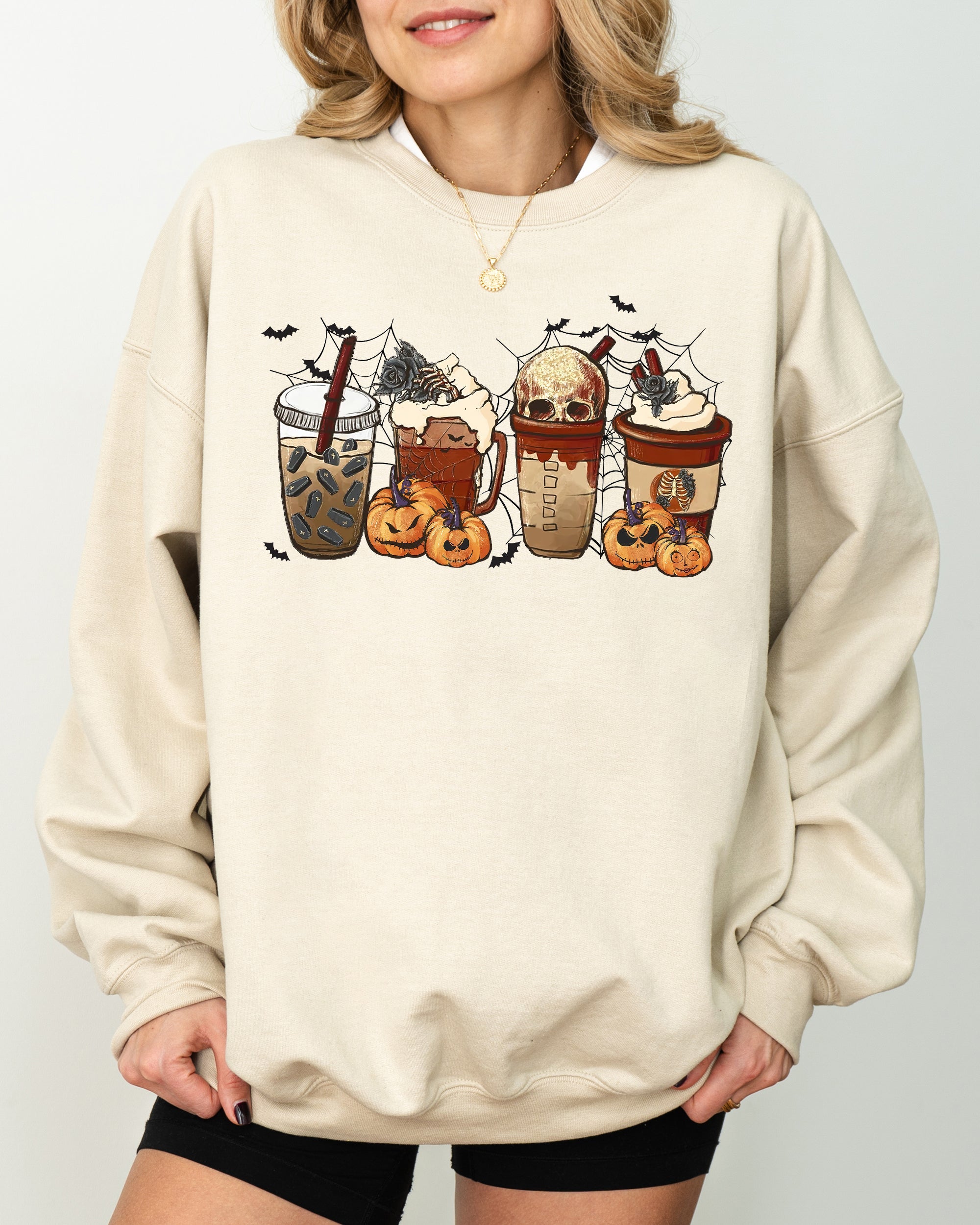 Halloween Coffee Retro Skeleton Ghost Witch Skull Spooky Meme Graphic Print Sweatshirt
