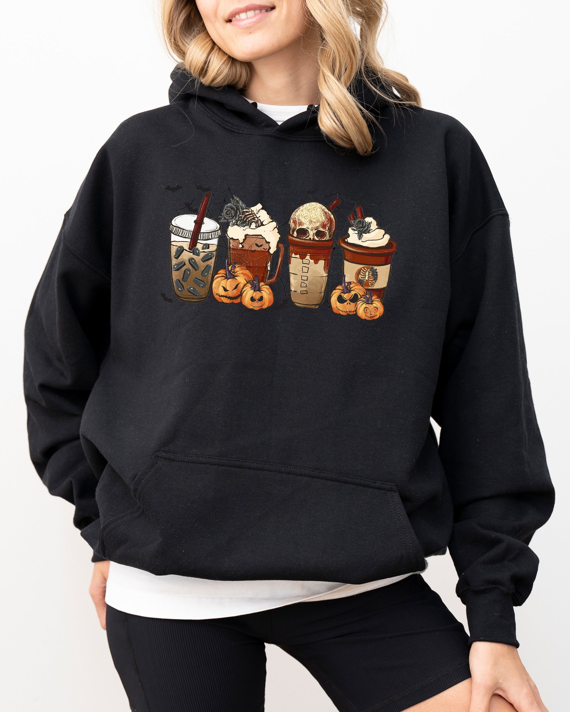 Halloween Coffee Retro Skeleton Ghost Witch Skull Spooky Meme Graphic Hooded Sweatshirt