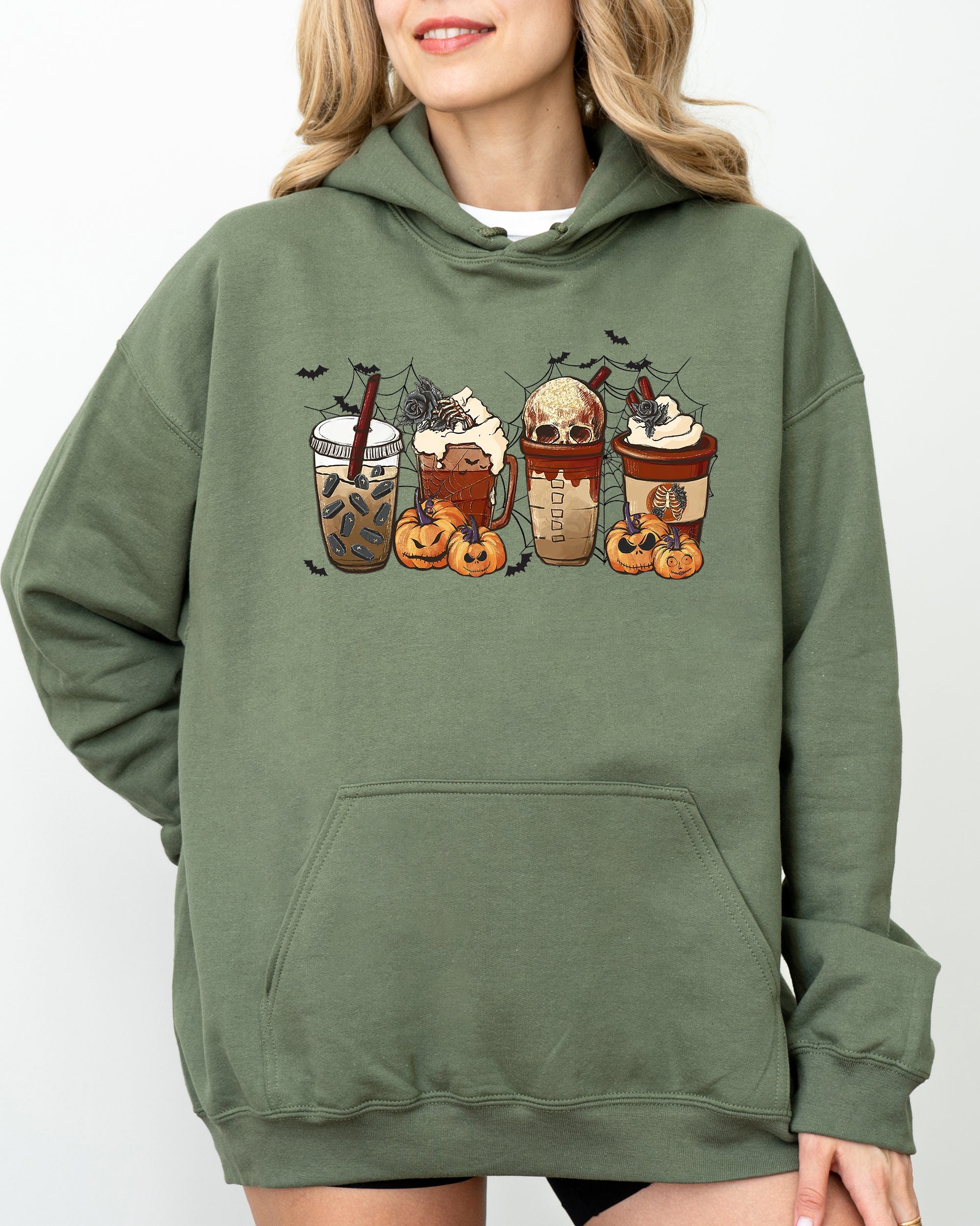Halloween Coffee Retro Skeleton Ghost Witch Skull Spooky Meme Graphic Hooded Sweatshirt