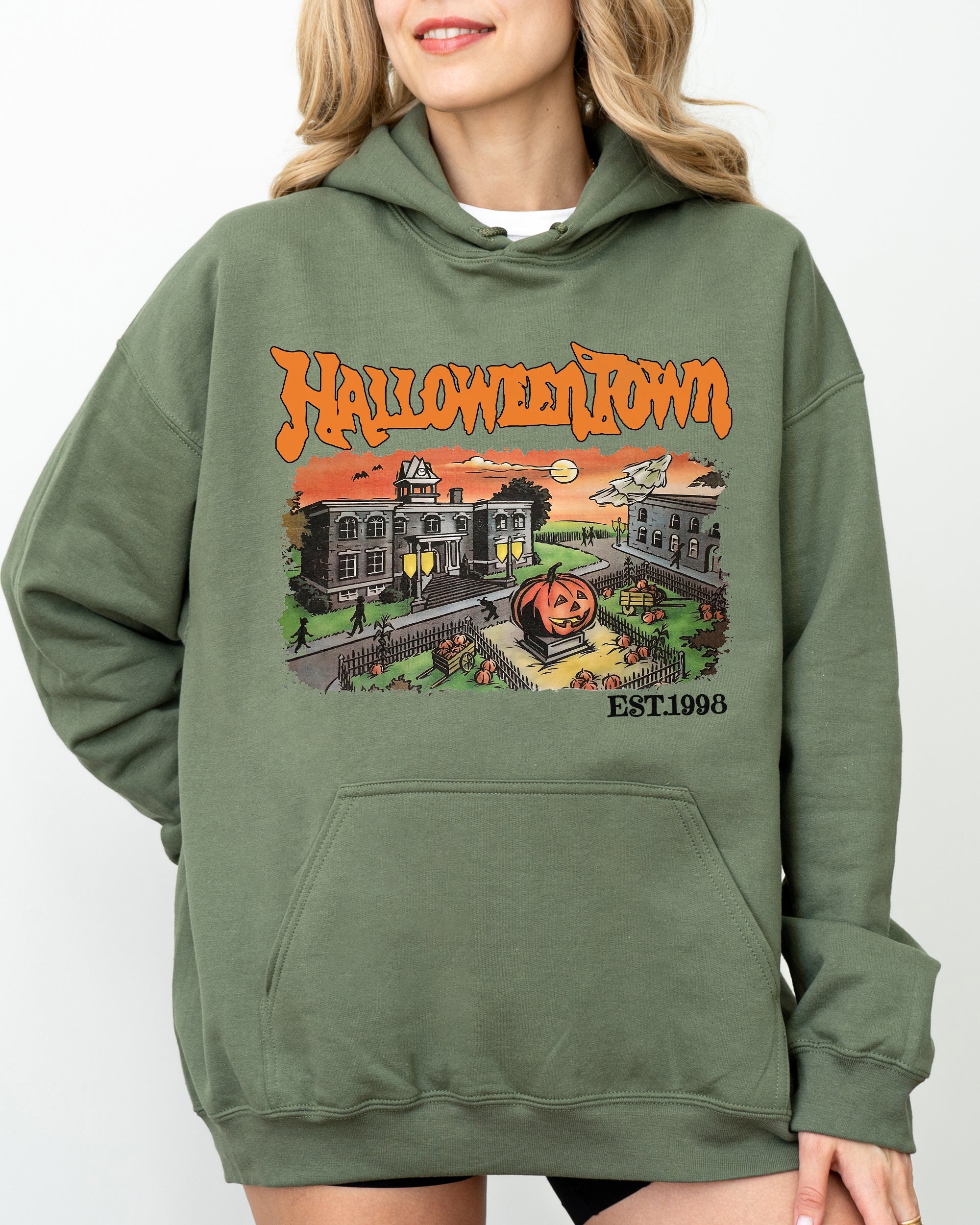 Halloweentown Horror Movie Skeleton Ghost Witch Skull Spooky Meme Design Hooded Sweatshirt