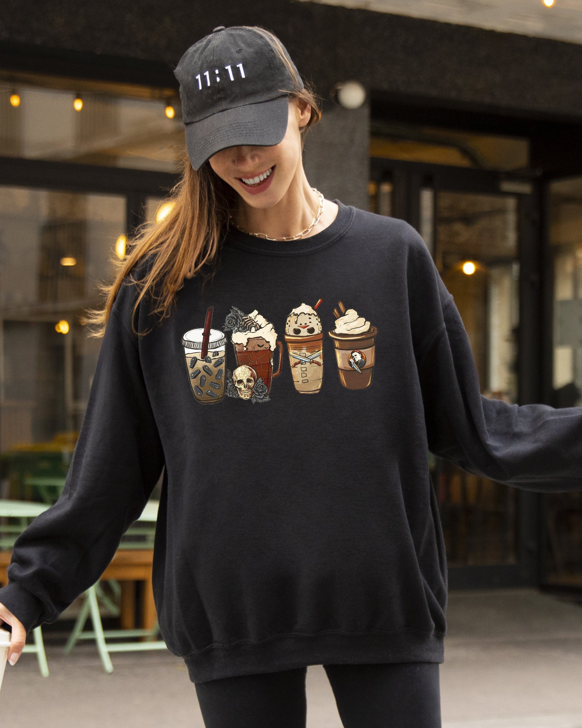 Halloween Coffee Spooky Skeleton Ghost Witch Skull Meme Aesthetic Graphic Sweatshirt
