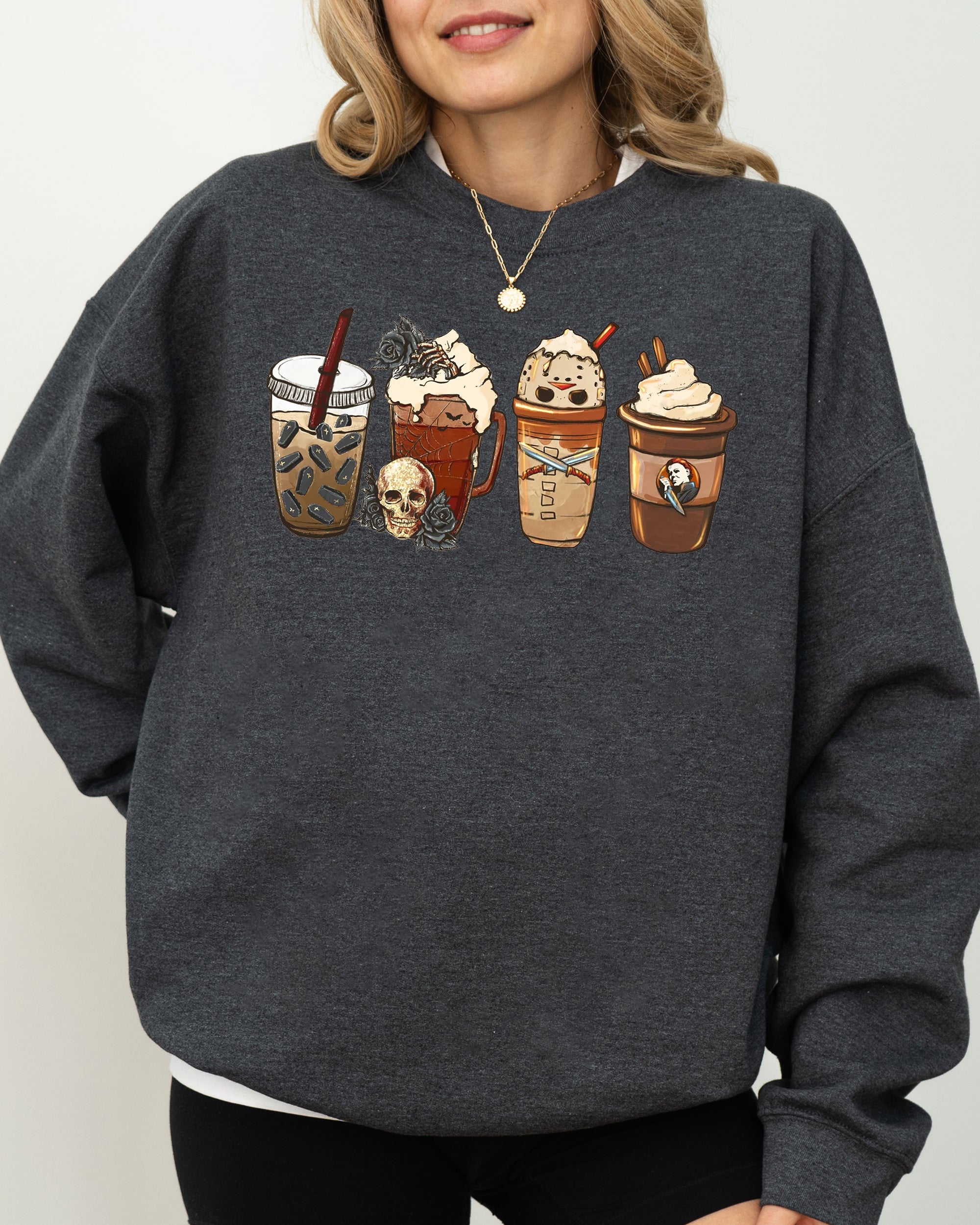 Halloween Coffee Spooky Skeleton Ghost Witch Skull Meme Aesthetic Graphic Sweatshirt