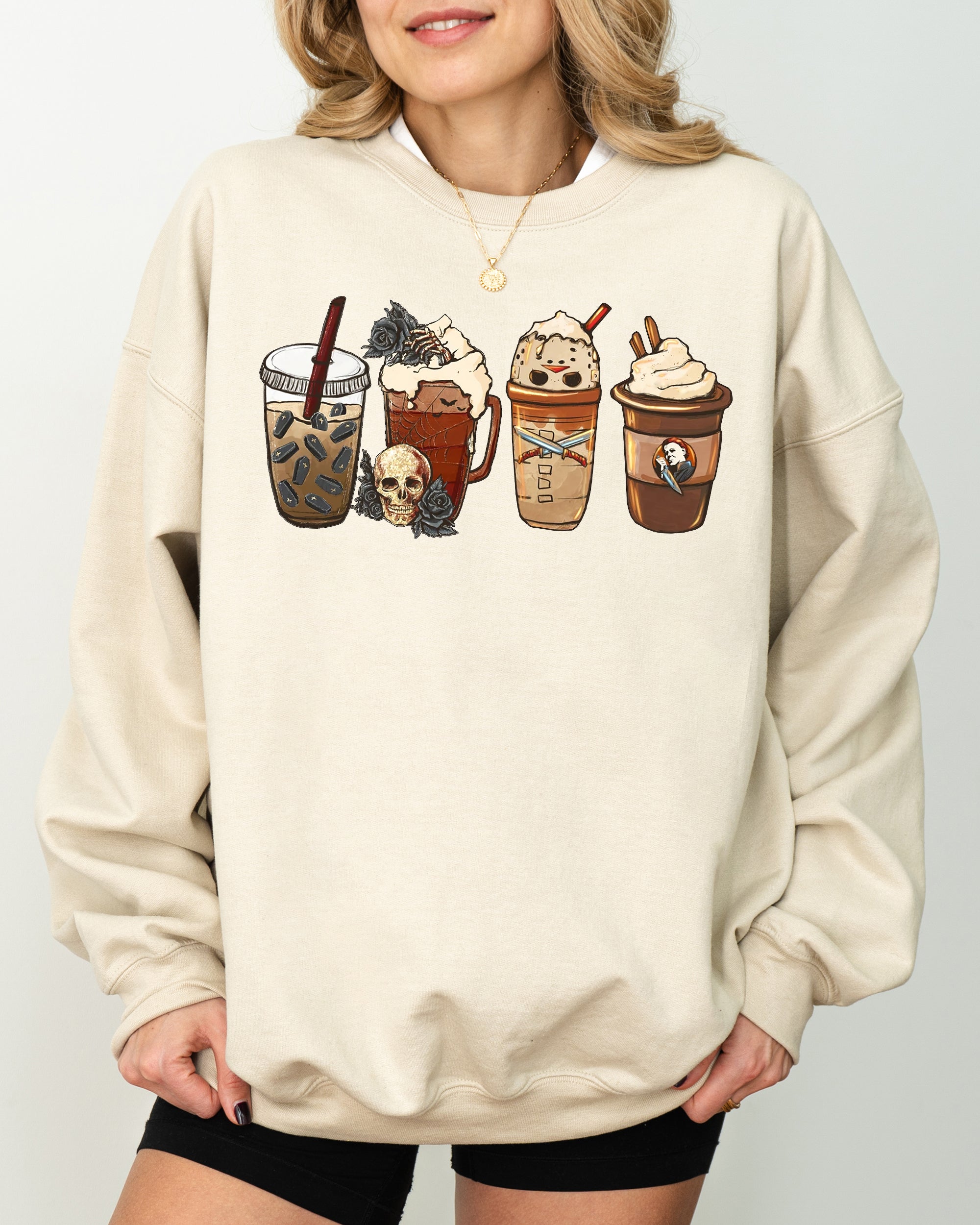 Halloween Coffee Spooky Skeleton Ghost Witch Skull Meme Aesthetic Graphic Sweatshirt