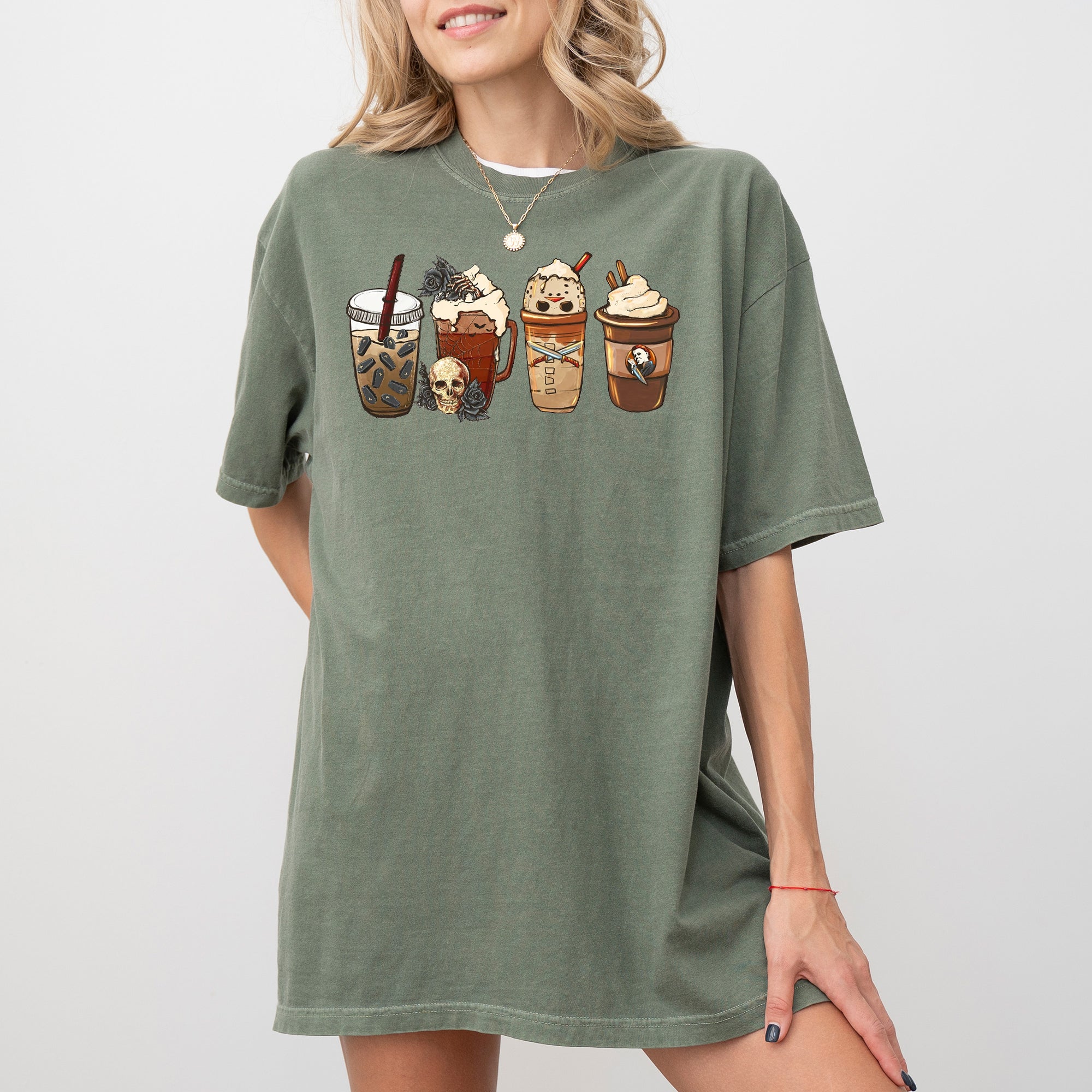 Halloween Coffee Spooky Skeleton Ghost Witch Skull Meme Costume Exclusive Comfort Colors Tee