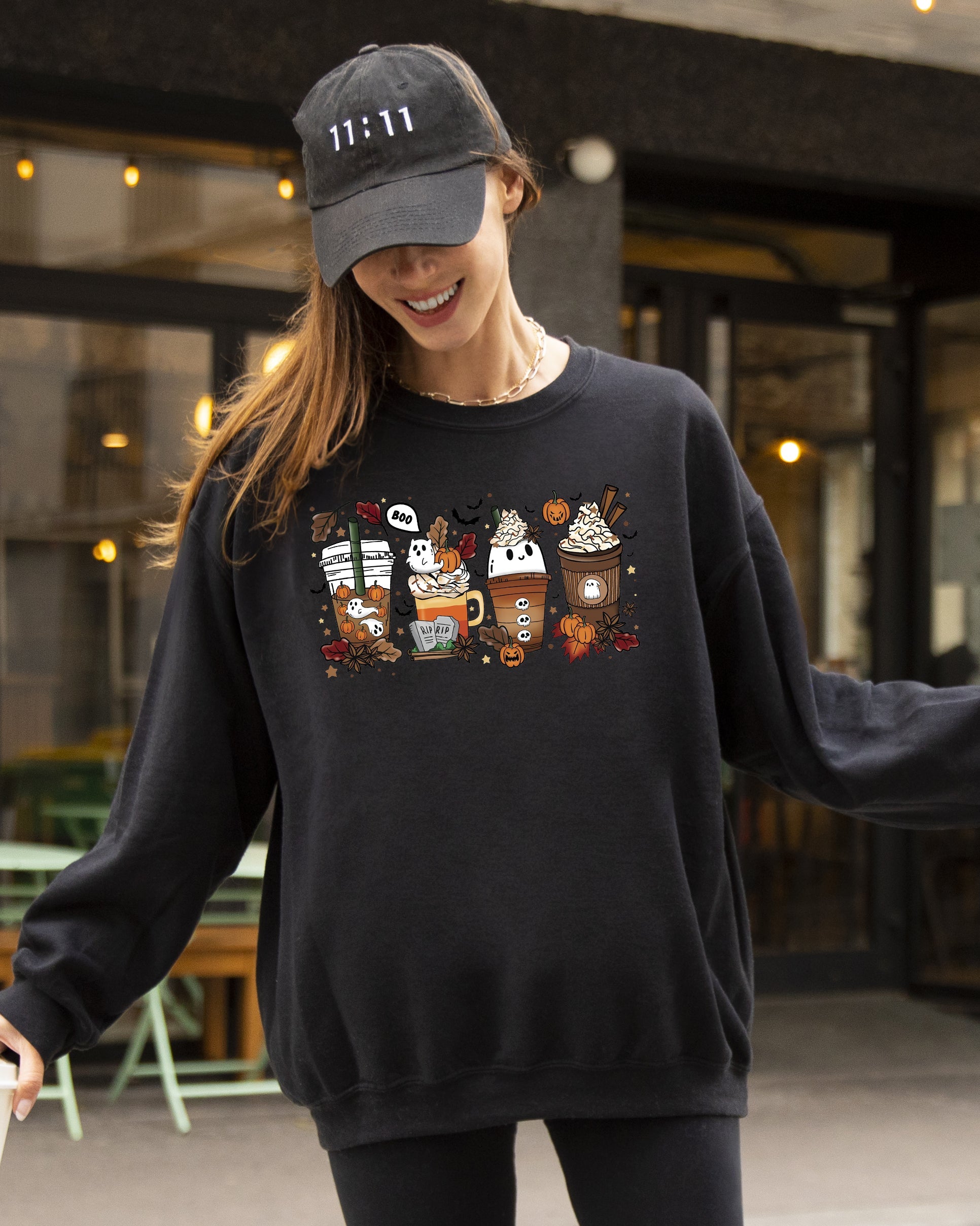 Halloween Coffee Horror Movie Spooky Skeleton Ghost Witch Skull Meme Costume Sweatshirt