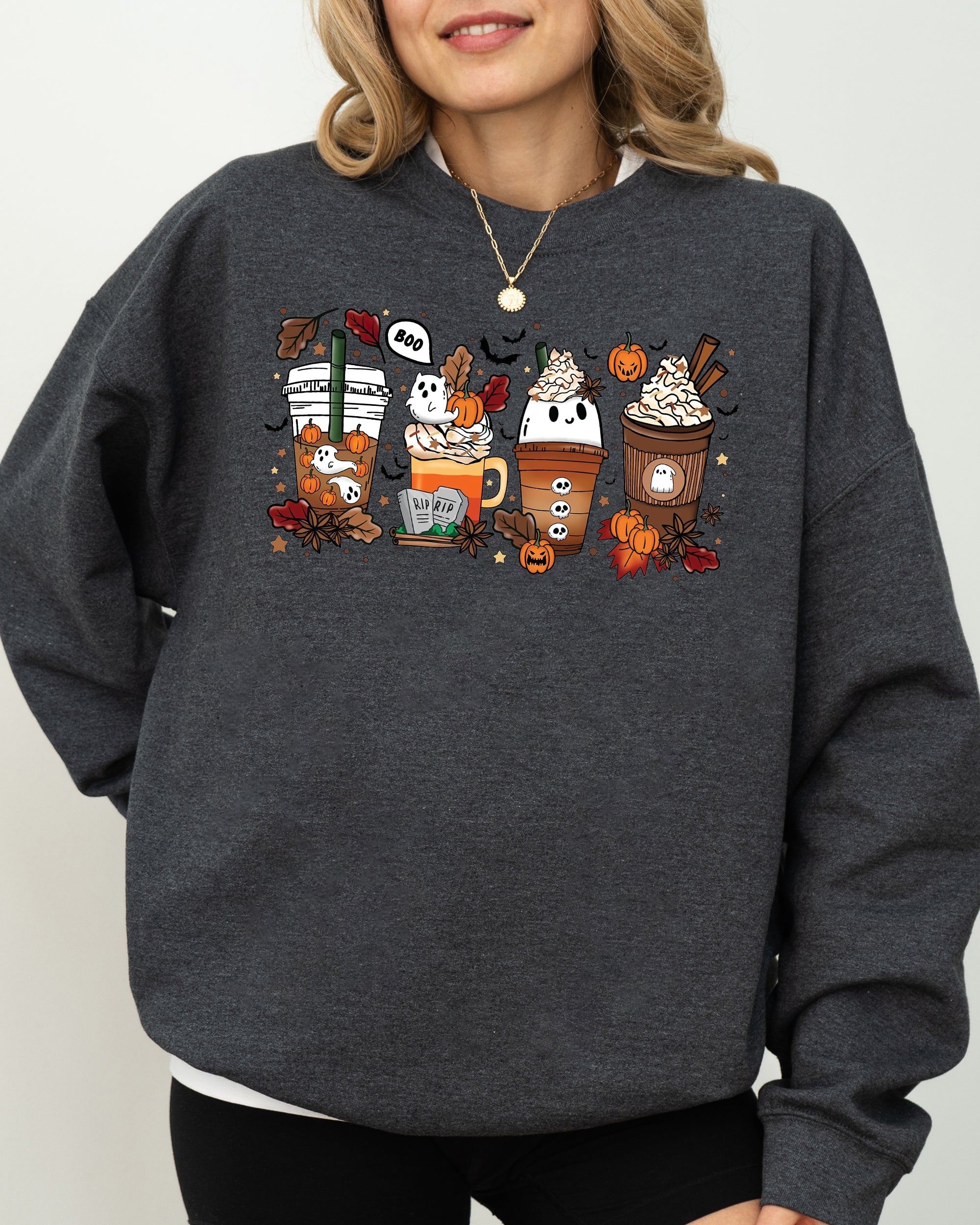 Halloween Coffee Horror Movie Spooky Skeleton Ghost Witch Skull Meme Costume Sweatshirt