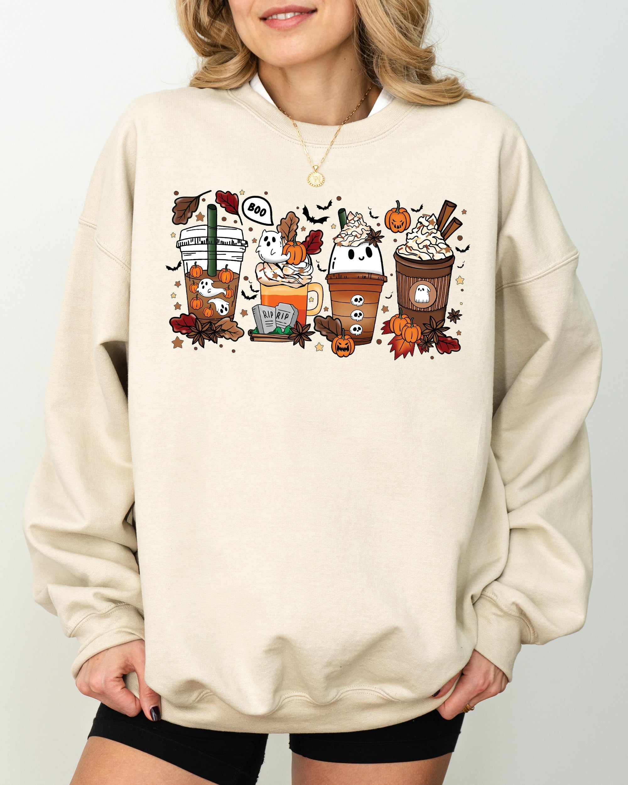 Halloween Coffee Horror Movie Spooky Skeleton Ghost Witch Skull Meme Costume Sweatshirt