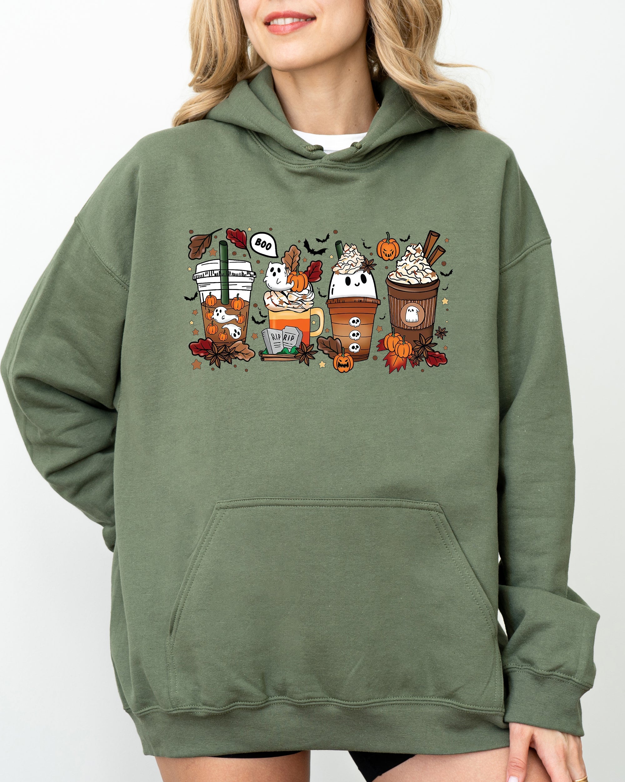 Halloween Coffee Horror Movie Spooky Skeleton Ghost Witch Skull Meme Costume Hoodie