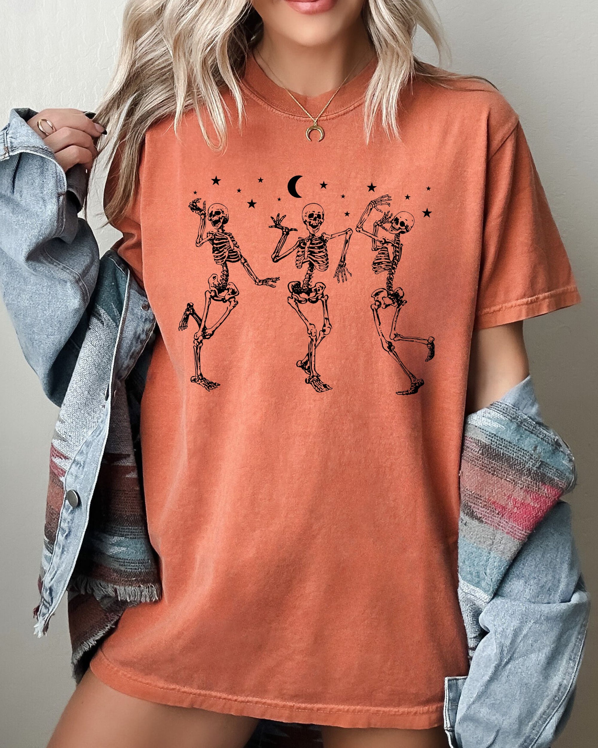 Dancing Skeletons Stars Spooky Ghost Witch Skull Halloween Vintage Night Comfort Colors Tee