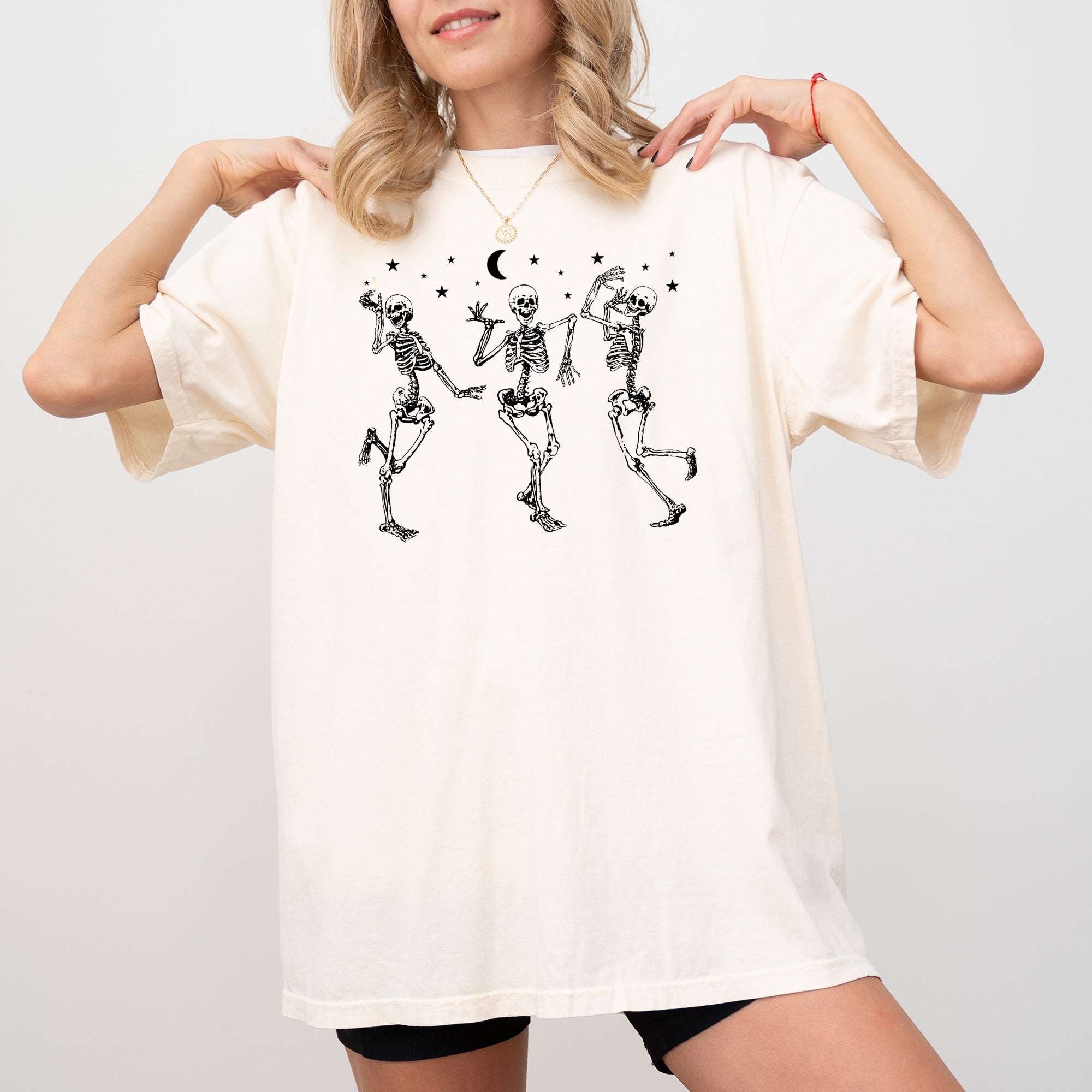 Dancing Skeletons Stars Spooky Ghost Witch Skull Halloween Vintage Night Comfort Colors Tee