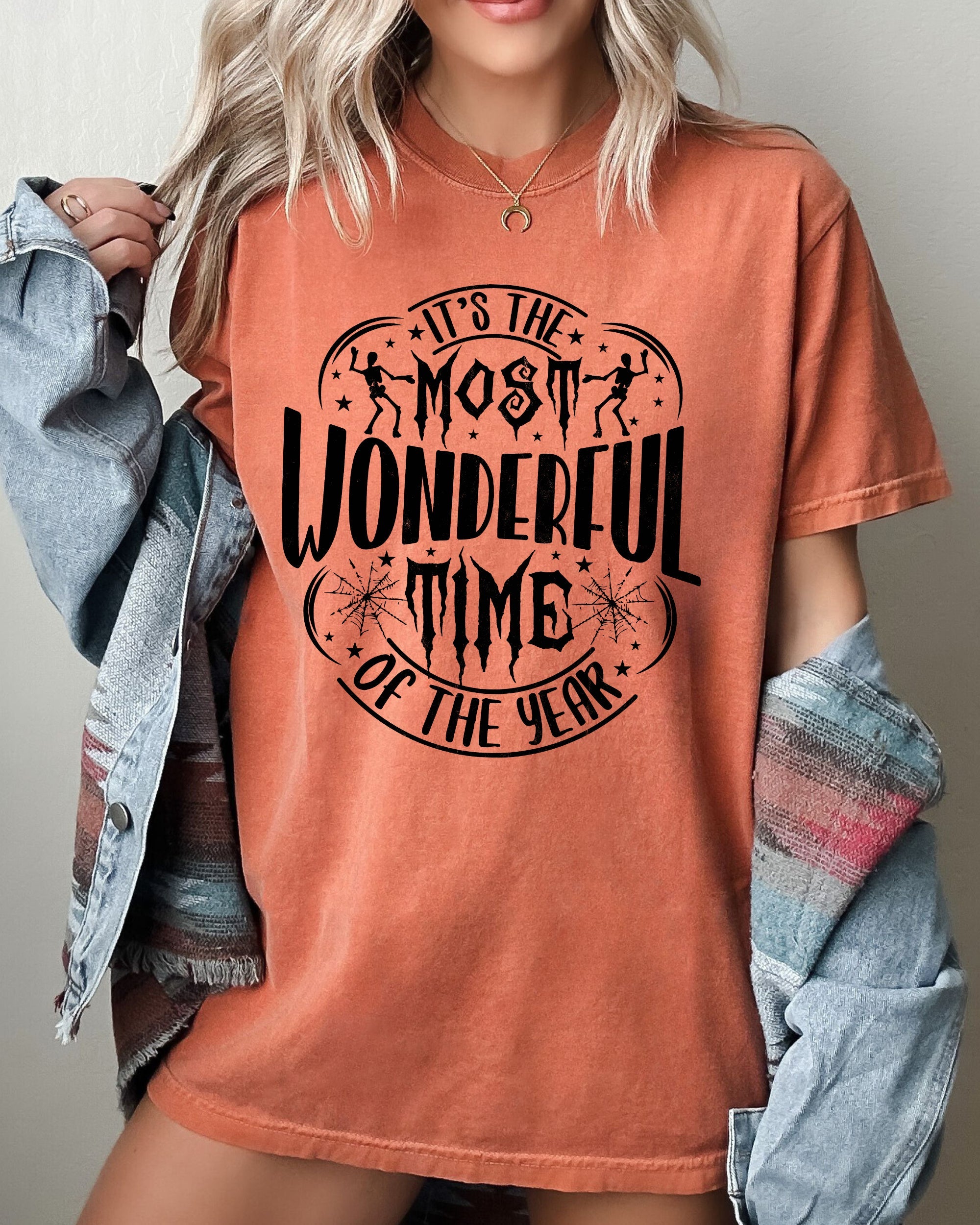 It's The Most Wonderful Time Of The Year Skeleton Spider Web Witch Skull Spooky Halloween Costume Comfort Colors Tee