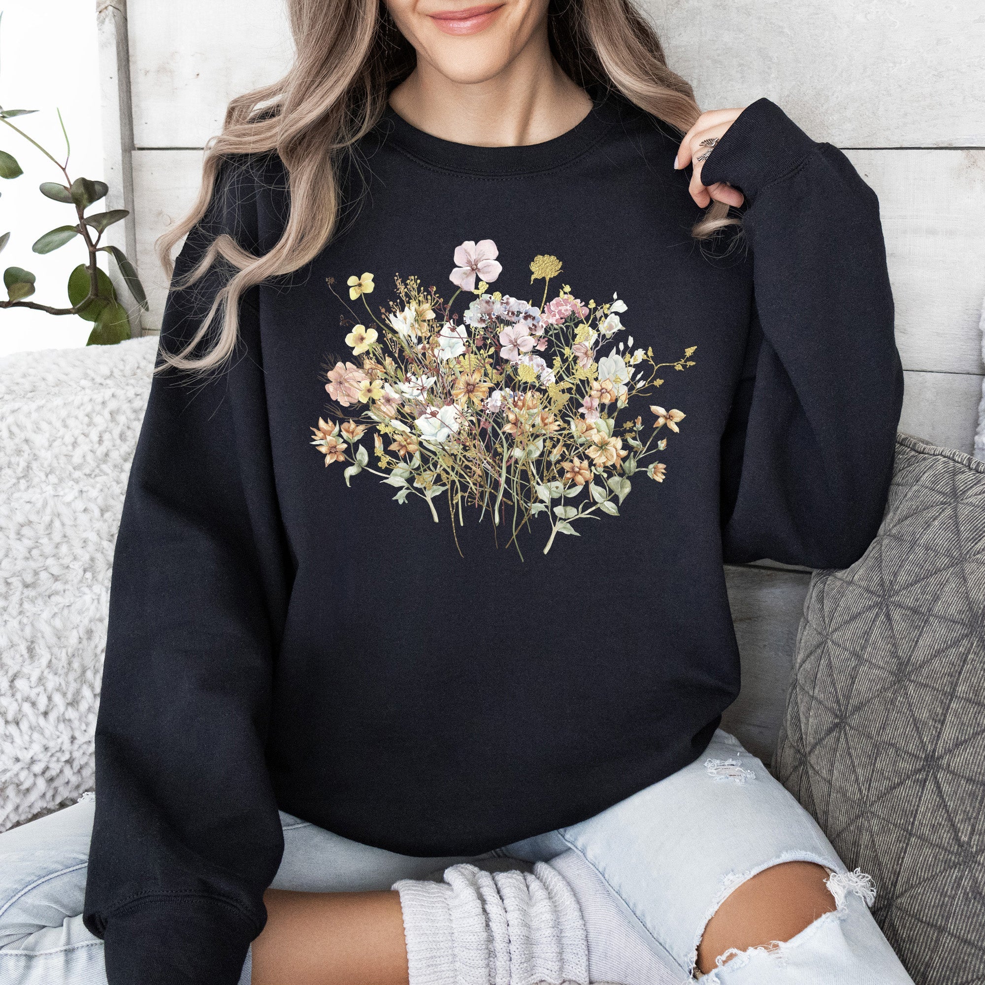 Meadow Pressed Flowers Botanical Meadow Print On Soft Cozy Fleece Premium Sweatshirt