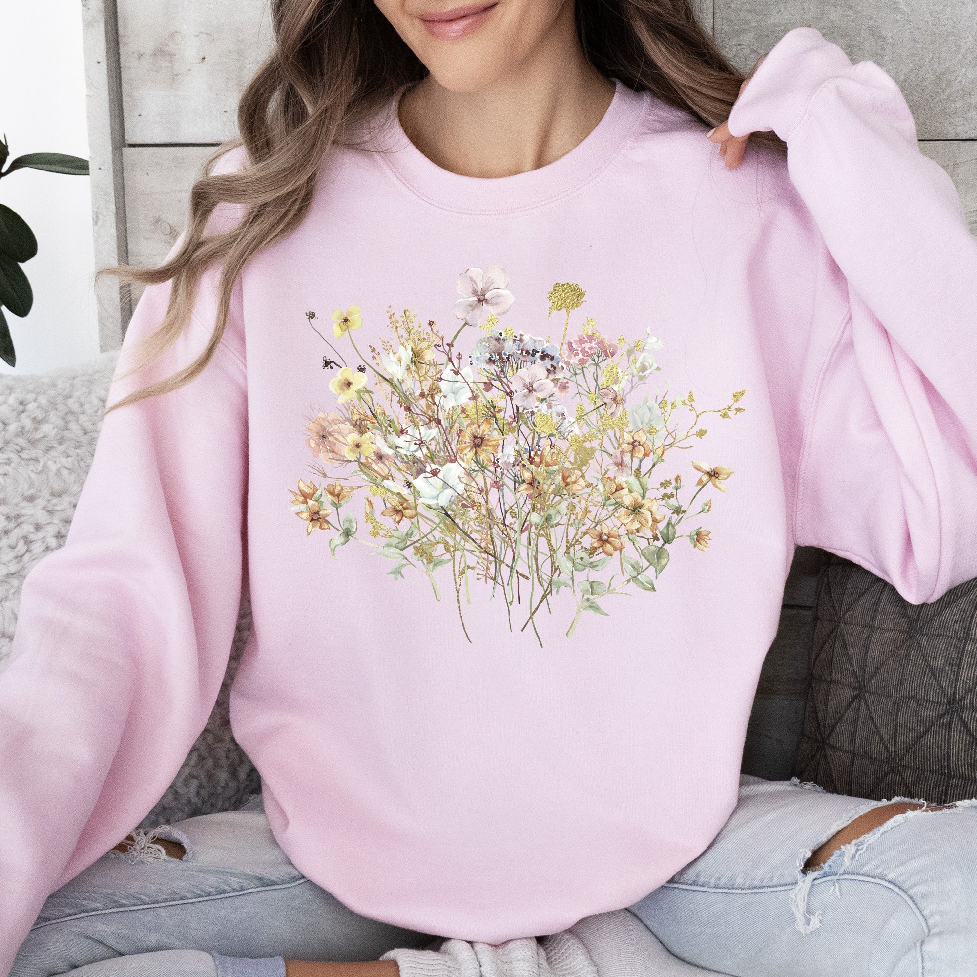 Meadow Pressed Flowers Botanical Meadow Print On Soft Cozy Fleece Premium Sweatshirt