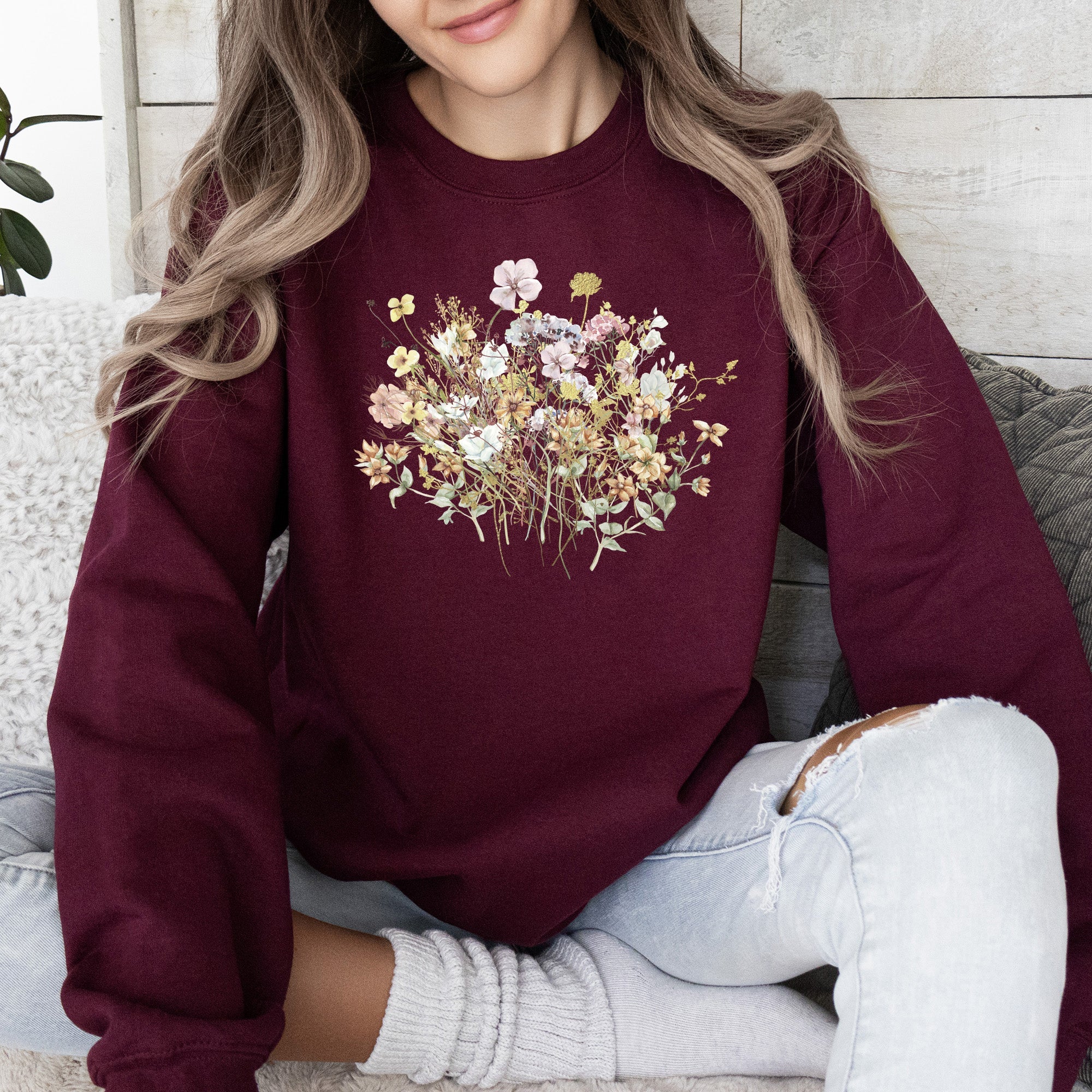 Meadow Pressed Flowers Botanical Meadow Print On Soft Cozy Fleece Premium Sweatshirt