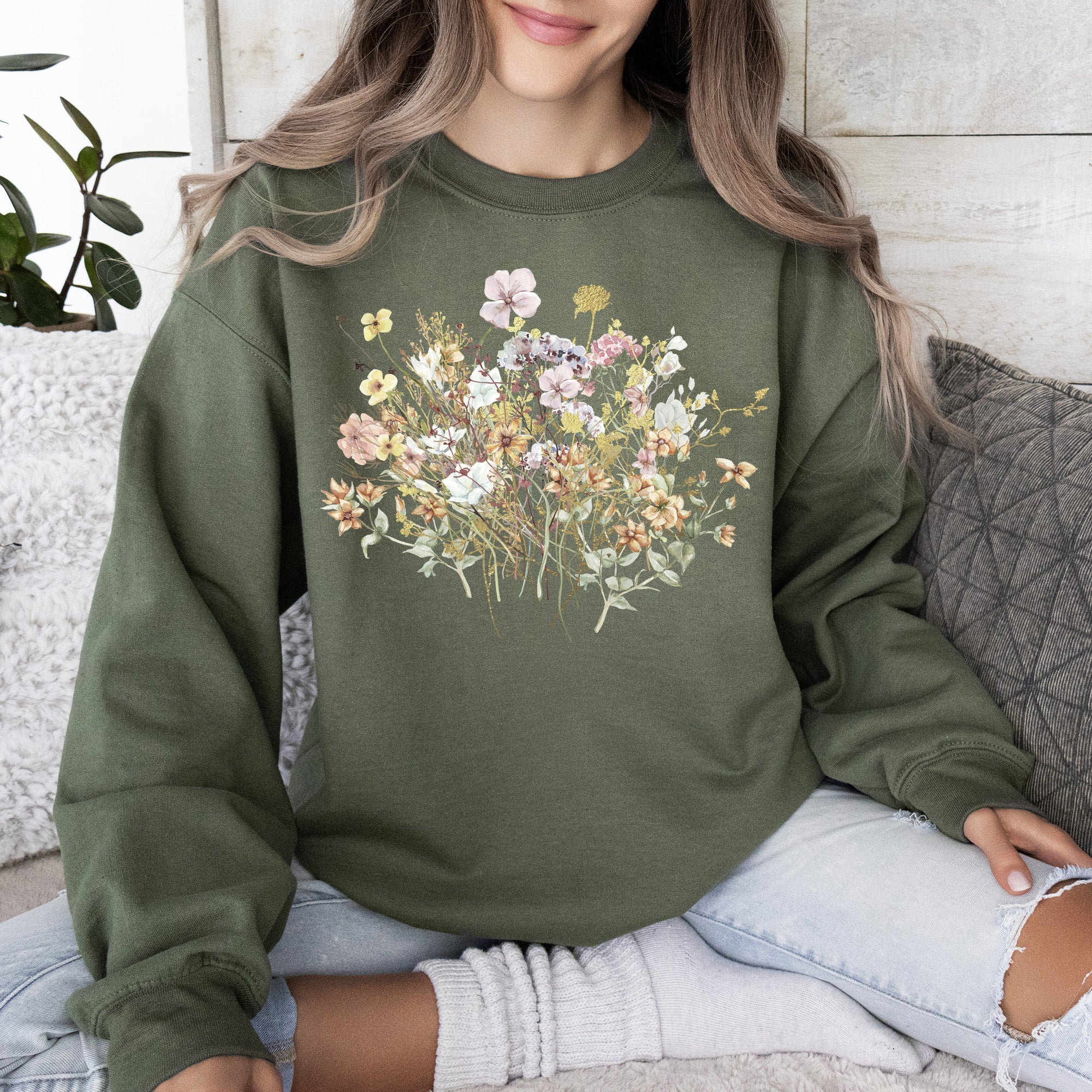 Meadow Pressed Flowers Botanical Meadow Print On Soft Cozy Fleece Premium Sweatshirt