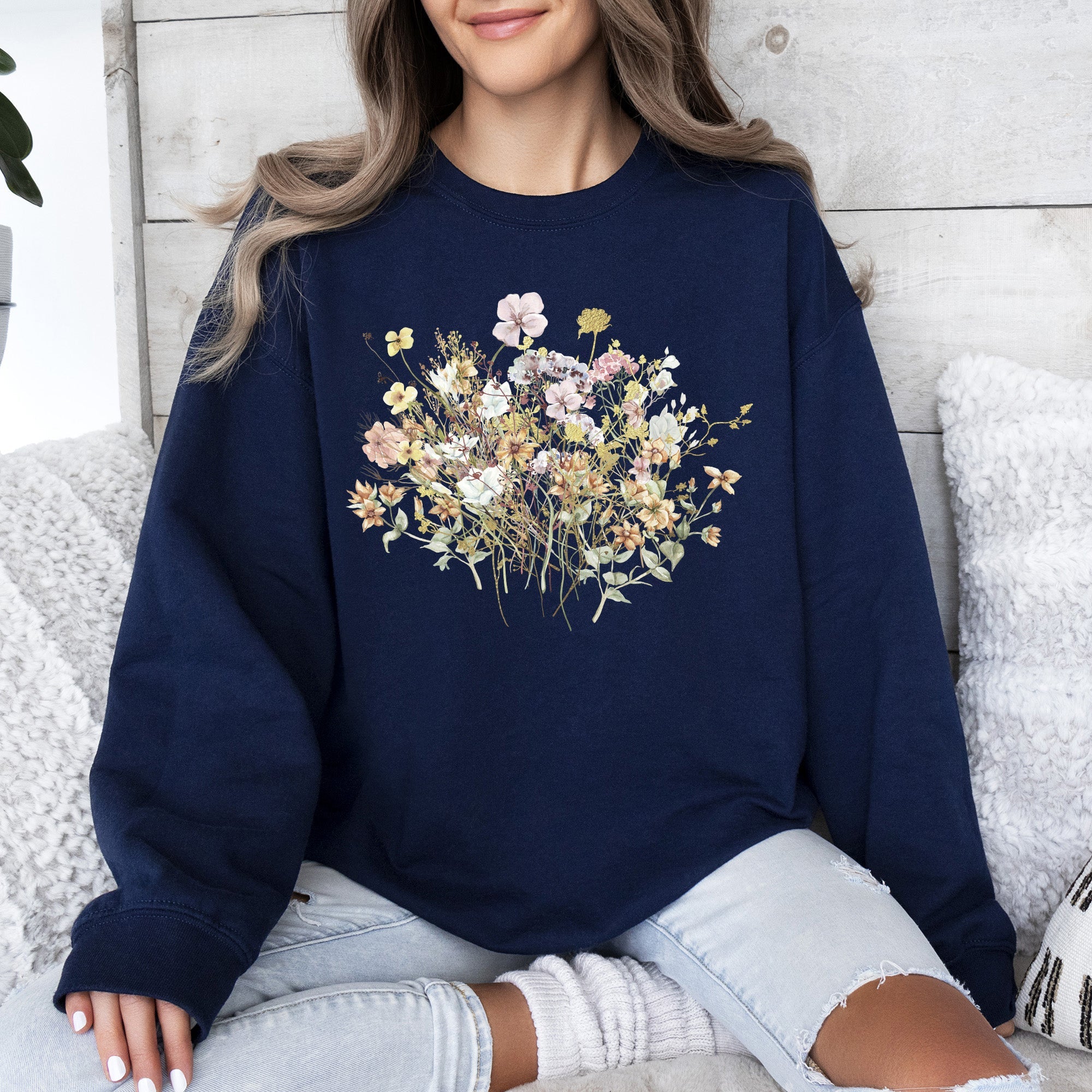 Meadow Pressed Flowers Botanical Meadow Print On Soft Cozy Fleece Premium Sweatshirt