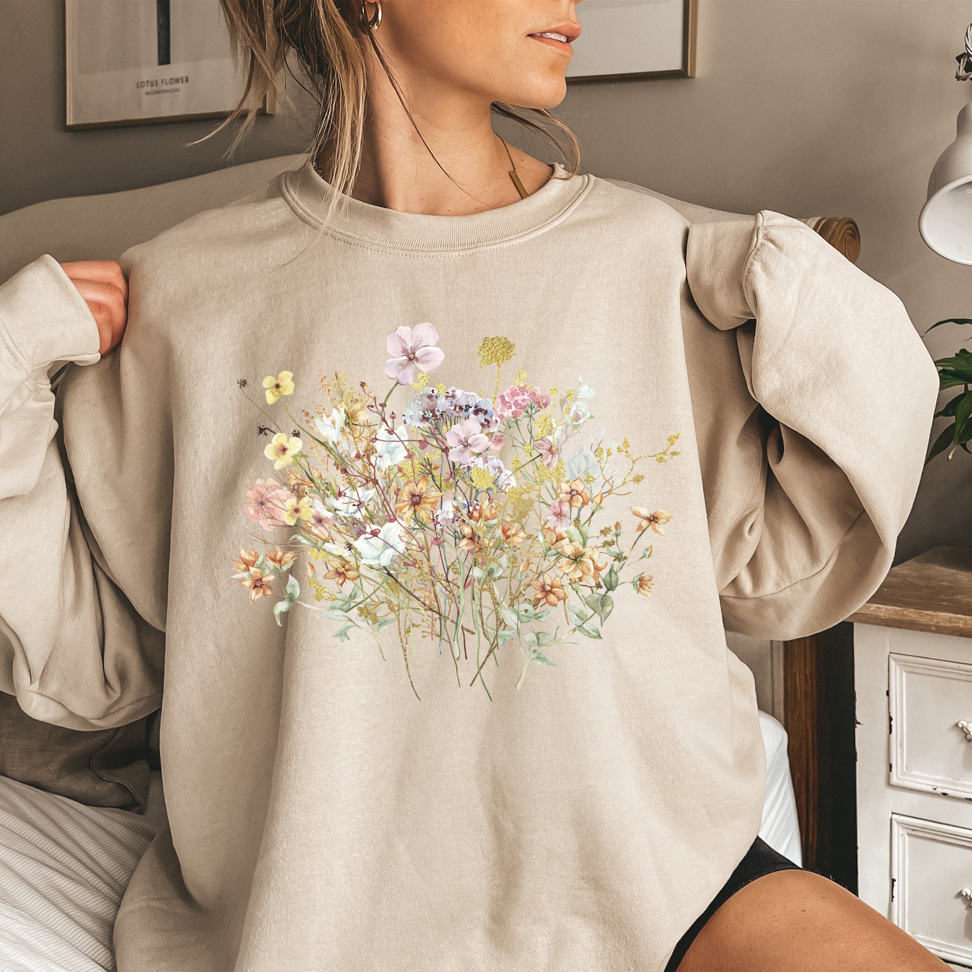 Meadow Pressed Flowers Botanical Meadow Print On Soft Cozy Fleece Premium Sweatshirt