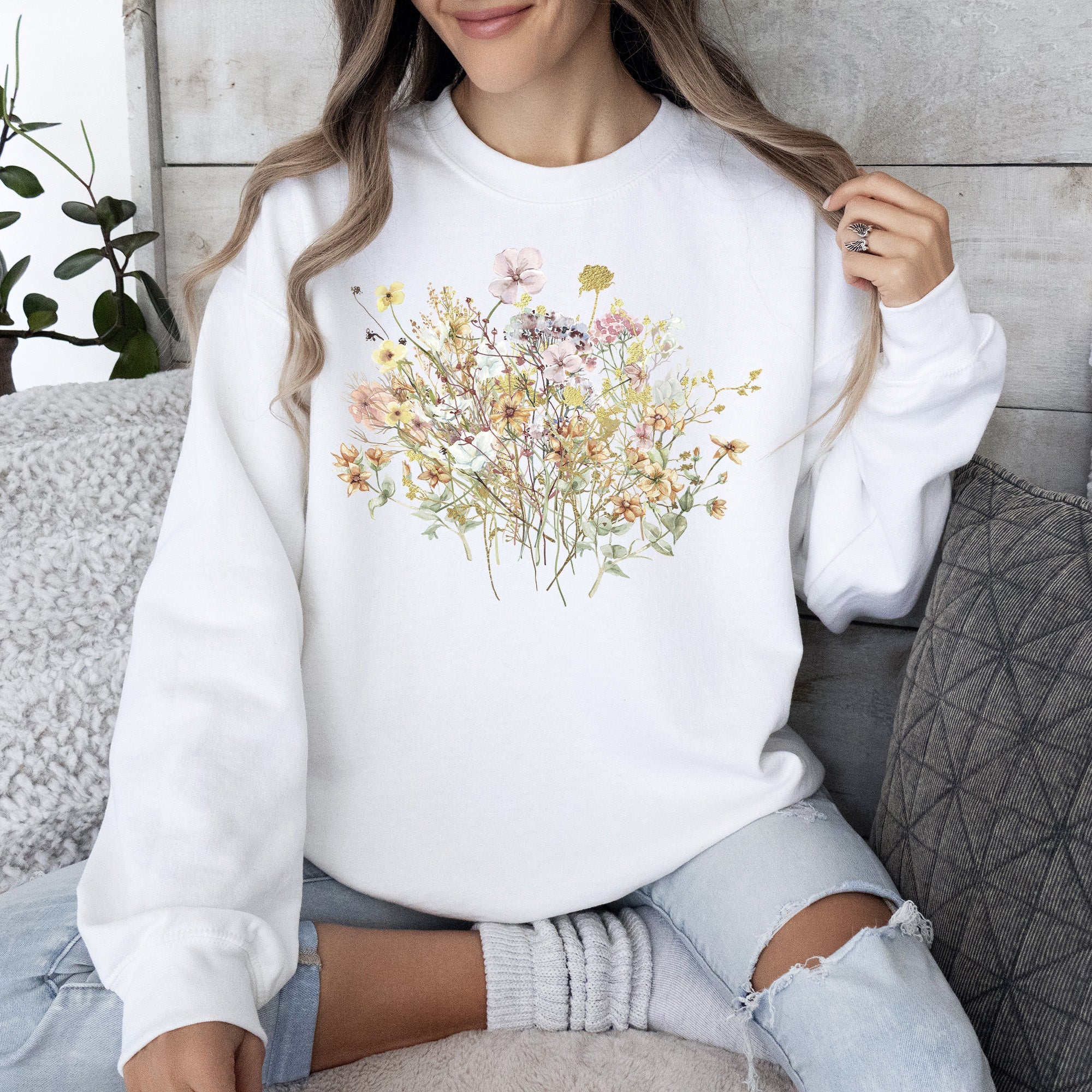 Meadow Pressed Flowers Botanical Meadow Print On Soft Cozy Fleece Premium Sweatshirt