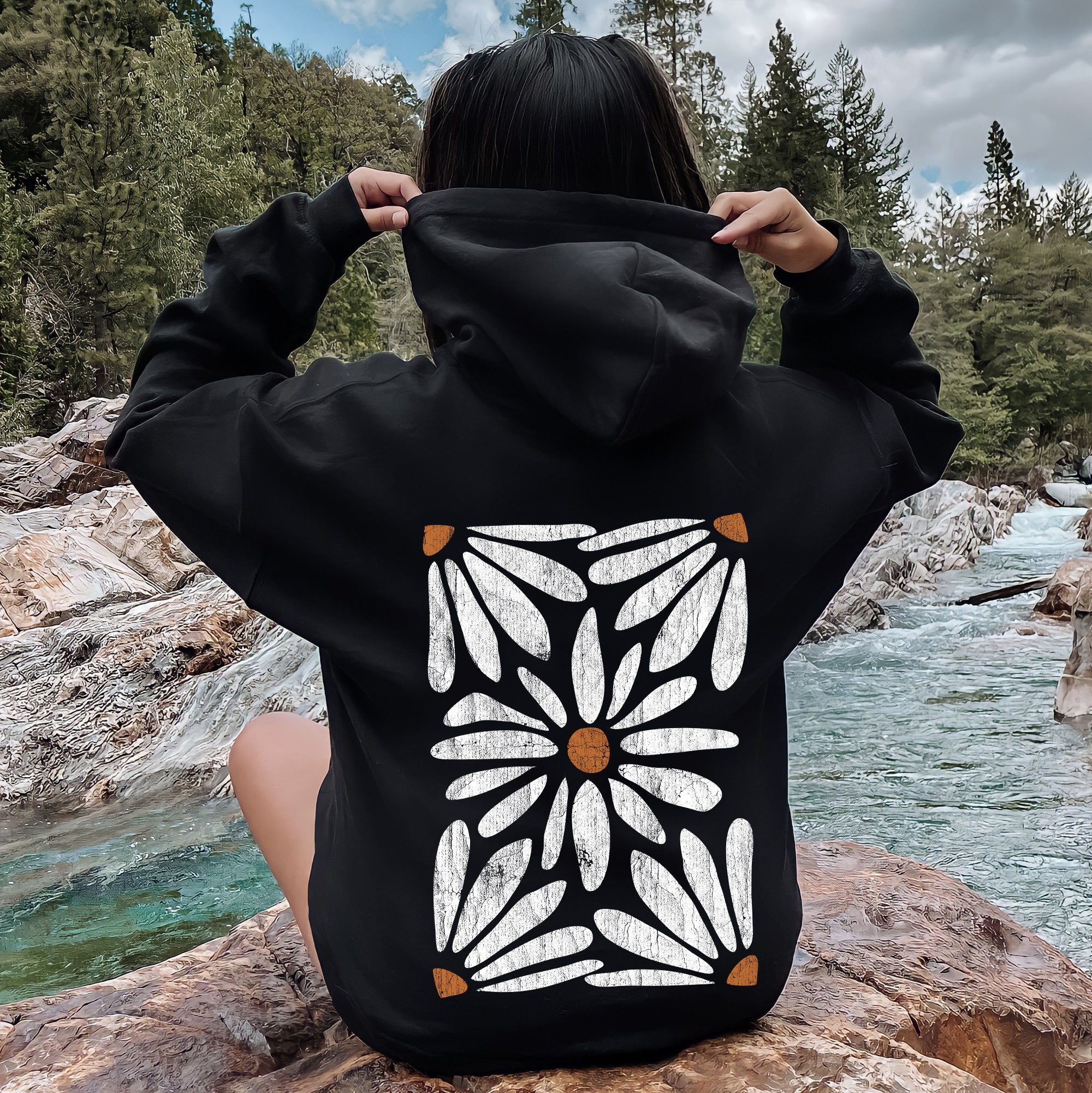 Boho Daisy Floral Dreamscape Vintage Garden Illustration Watercolor Style Graphic Hoodie