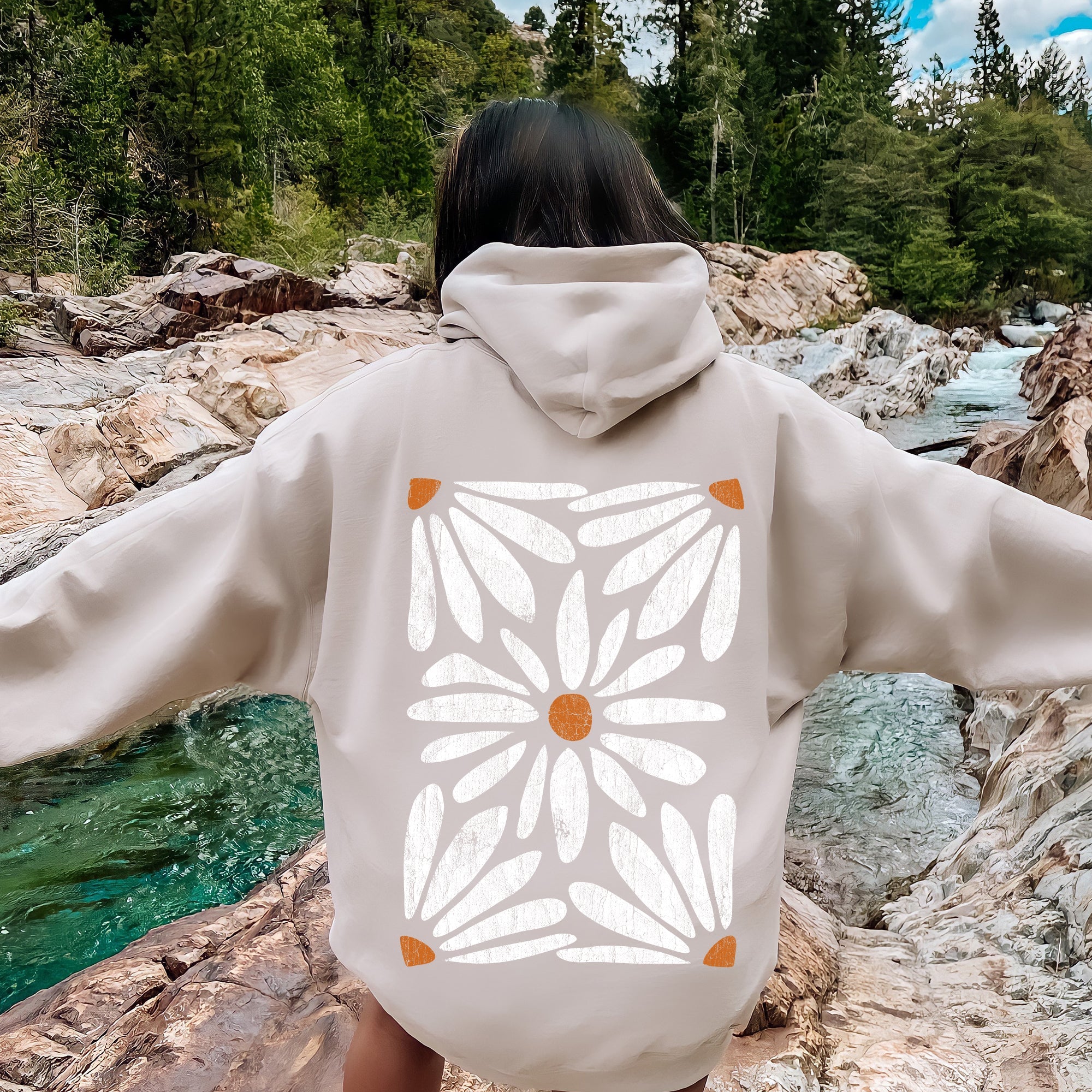 Boho Daisy Floral Dreamscape Vintage Garden Illustration Watercolor Style Graphic Hoodie
