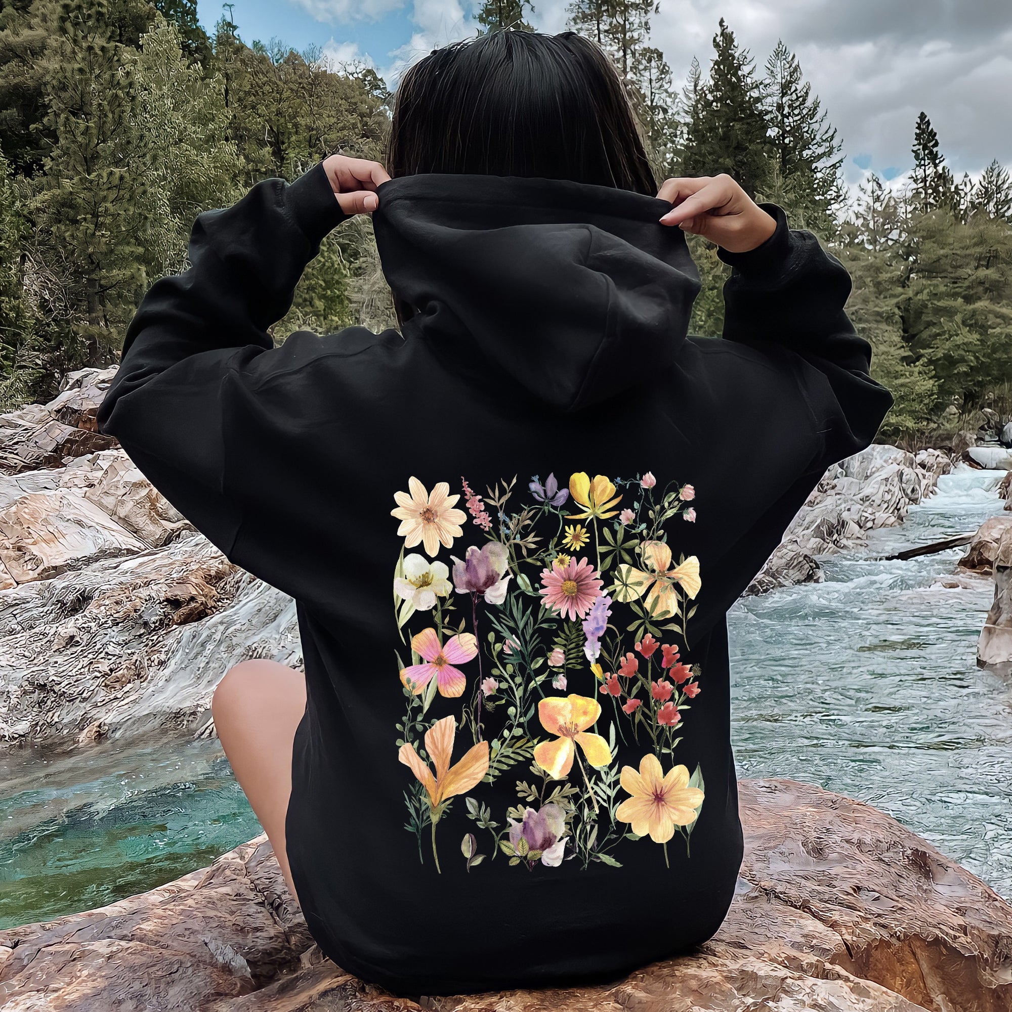 Mountain Meadow Pressed Flowers Botanical Illustration Garden Print Nature Inspired Hoodie