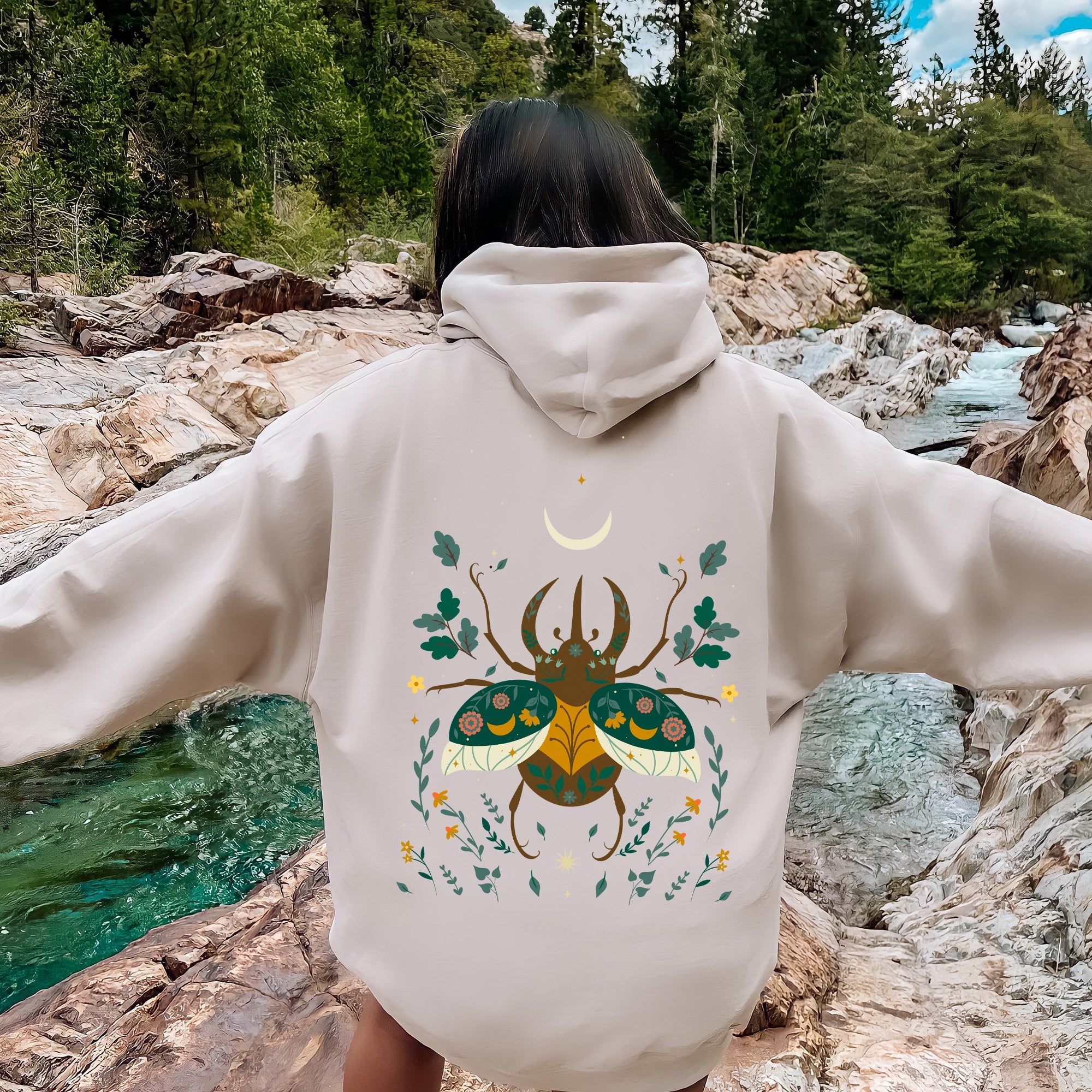 Ferns Mystical Animal Retro Floral Forest Night Sky Design Artwork Vintage Inspired Hoodie