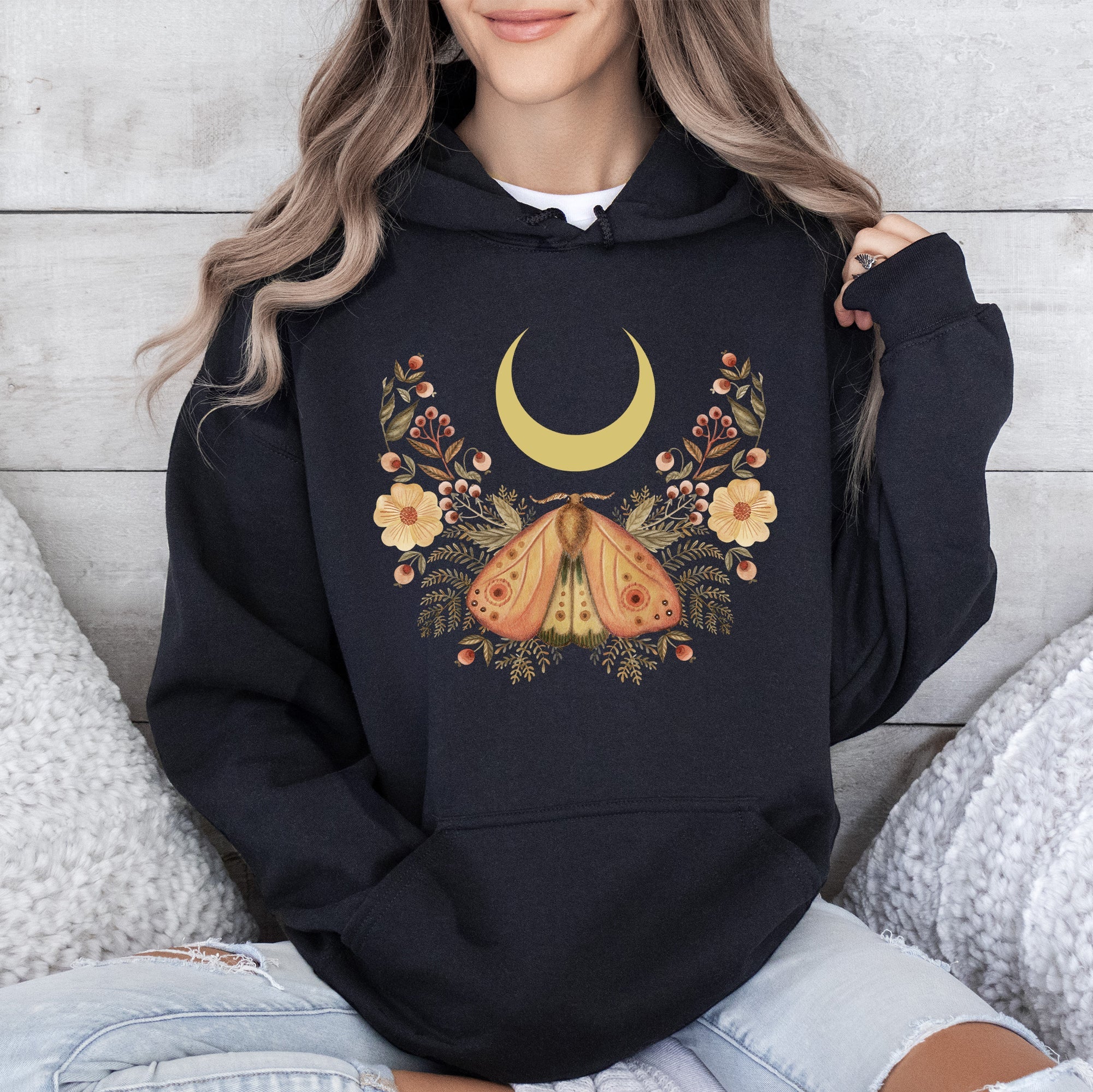 Mystical Moth And Moon, Enchanted Floral Night Sky, Celestial Garden Nighttime Scene Hoodie
