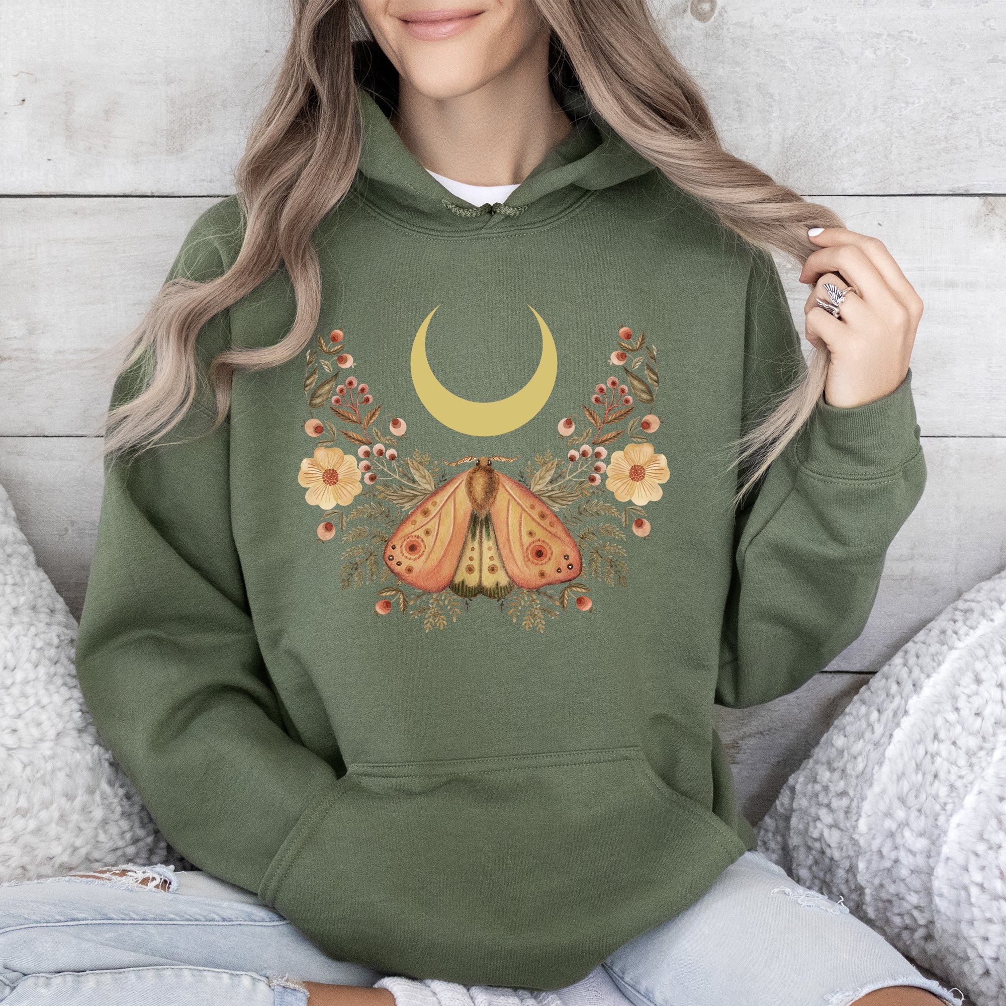 Mystical Moth And Moon, Enchanted Floral Night Sky, Celestial Garden Nighttime Scene Hoodie