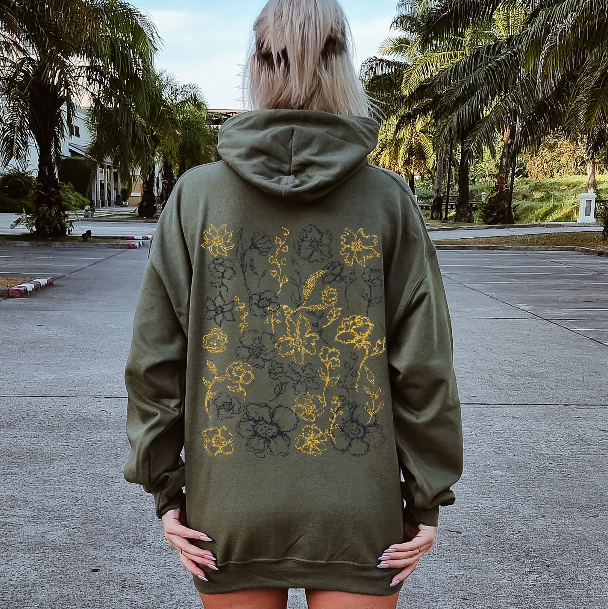 Floral Outlines Pattern Botanical Flower Nature Inspired Vintage Modern Garden Sketches Watercolor Elements Hoodie