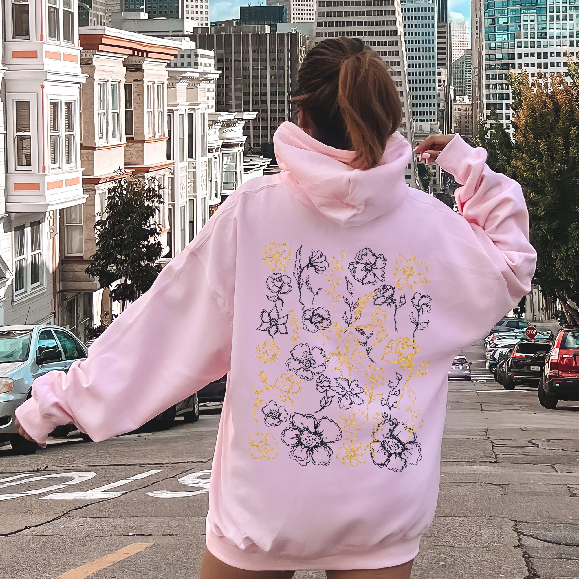 Floral Outlines Pattern Botanical Flower Nature Inspired Vintage Modern Garden Sketches Watercolor Elements Hoodie