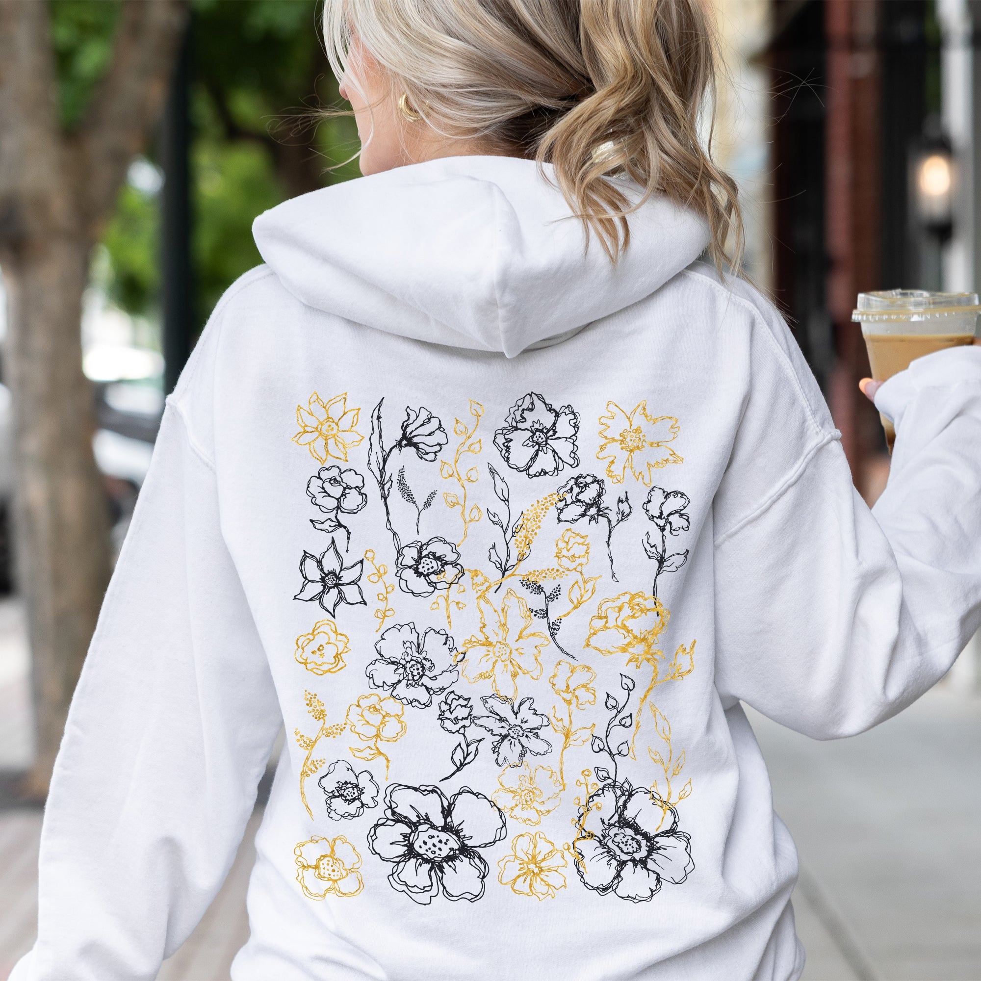 Floral Outlines Pattern Botanical Flower Nature Inspired Vintage Modern Garden Sketches Watercolor Elements Hoodie