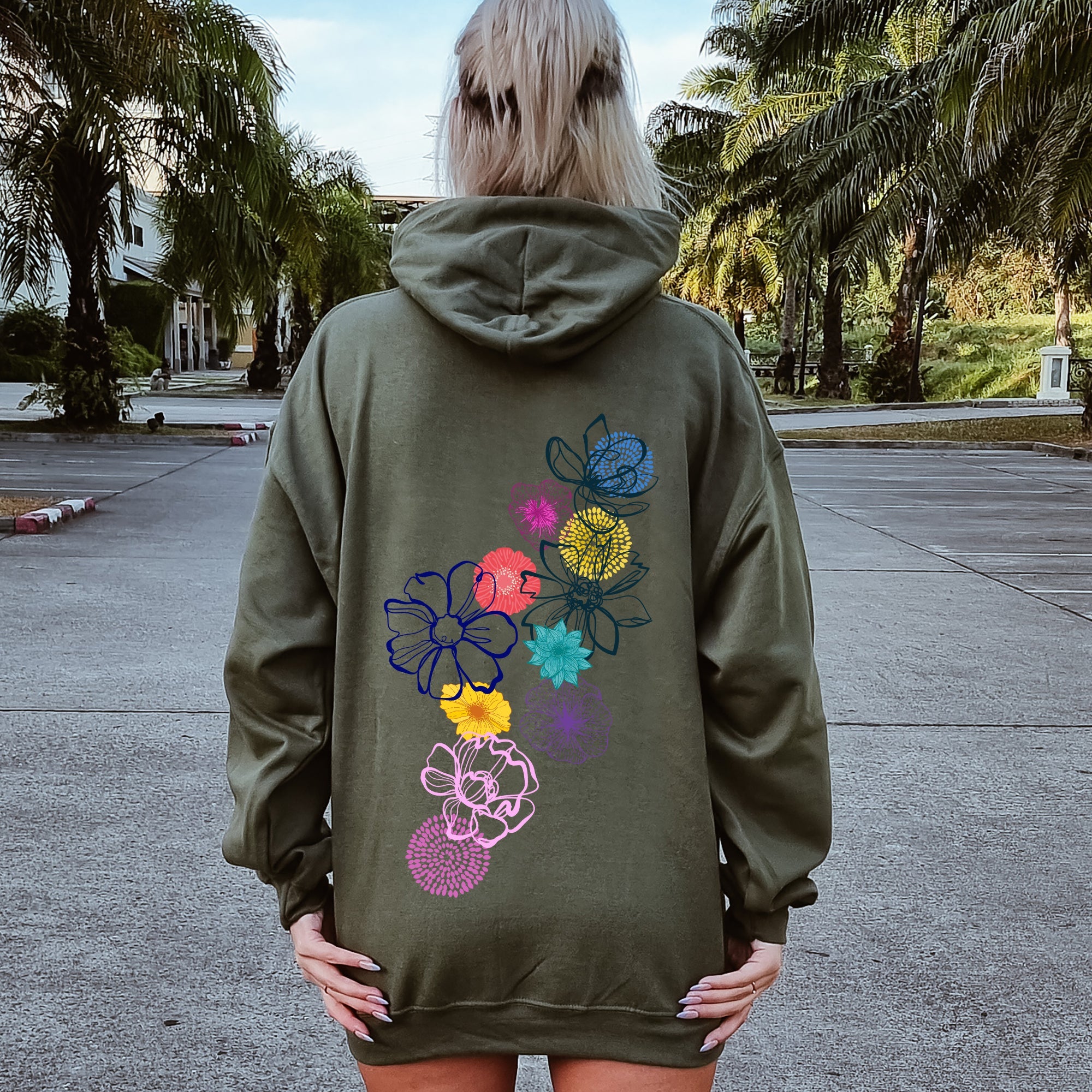 Floral Outlines Leaves Flowers Colorful Botanical Sketches Hand-Drawn Vintage Style Hoodie