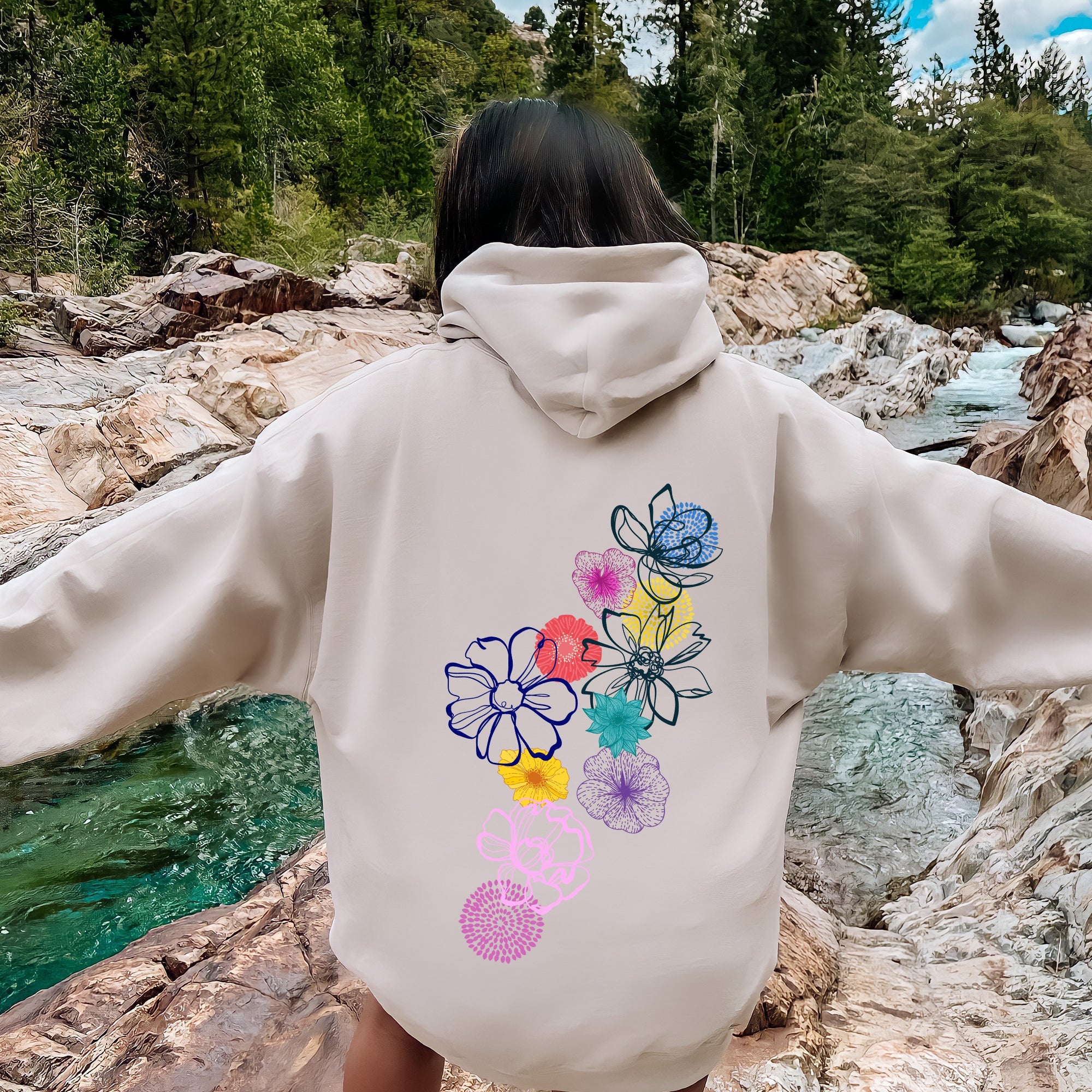 Floral Outlines Leaves Flowers Colorful Botanical Sketches Hand-Drawn Vintage Style Hoodie