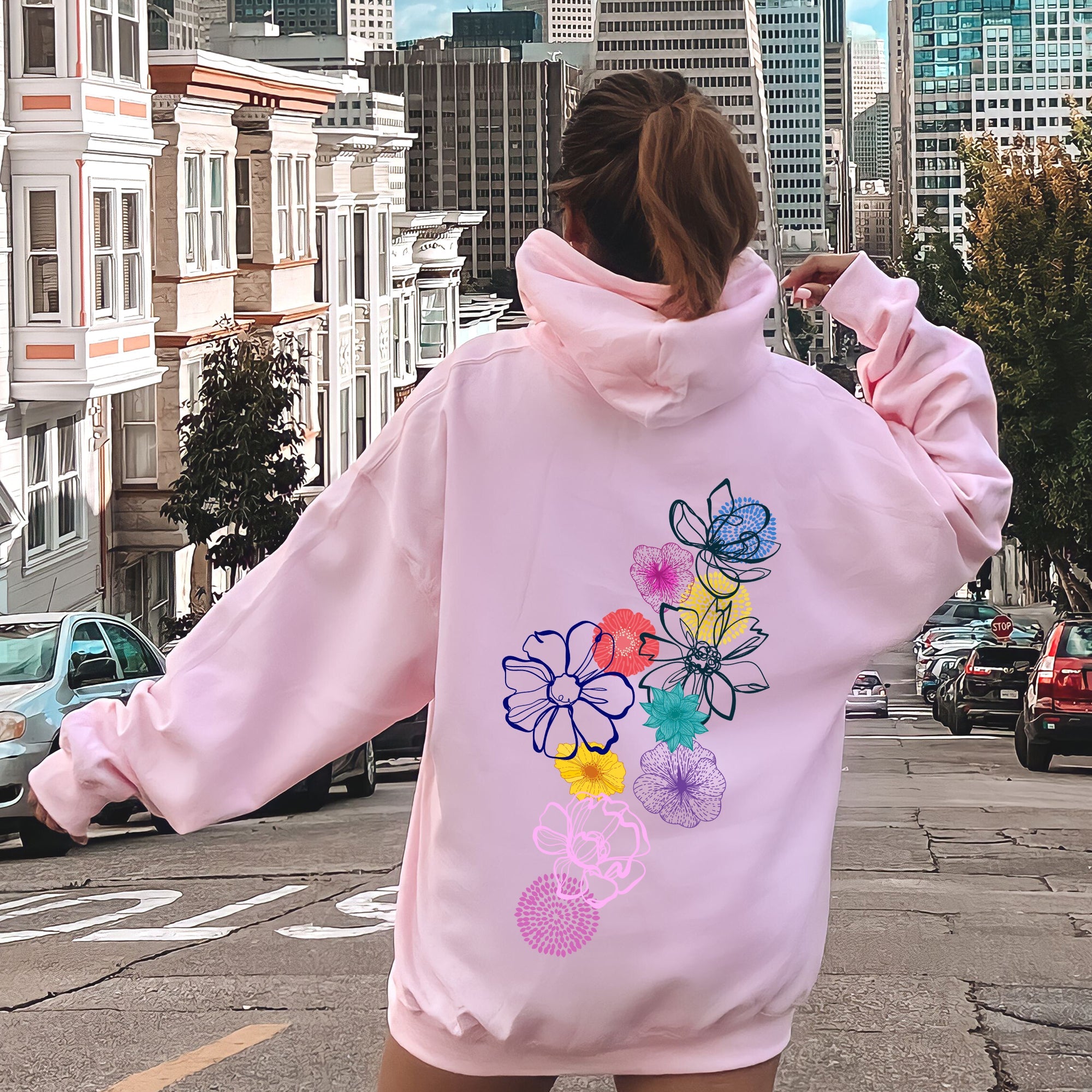 Floral Outlines Leaves Flowers Colorful Botanical Sketches Hand-Drawn Vintage Style Hoodie