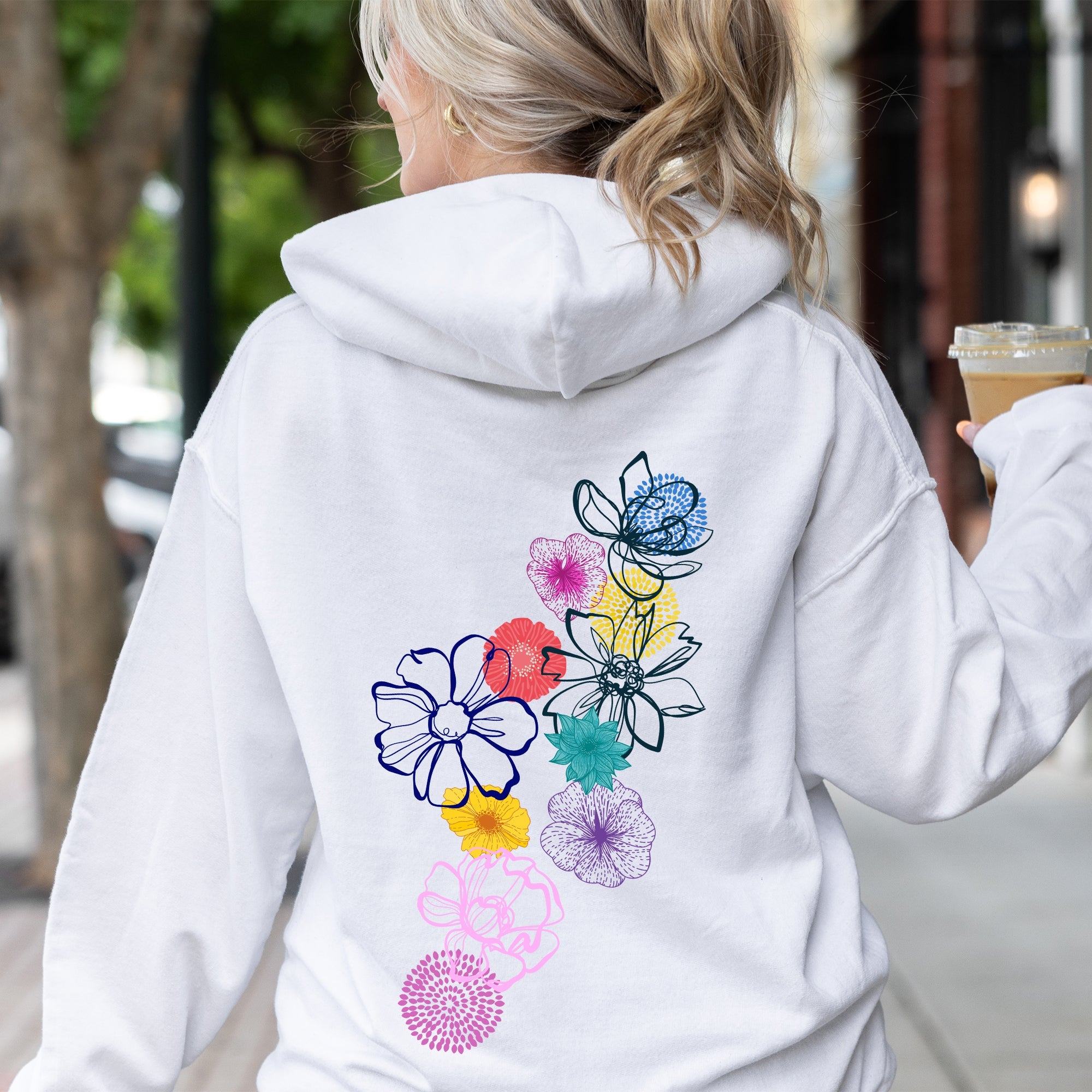Floral Outlines Leaves Flowers Colorful Botanical Sketches Hand-Drawn Vintage Style Hoodie